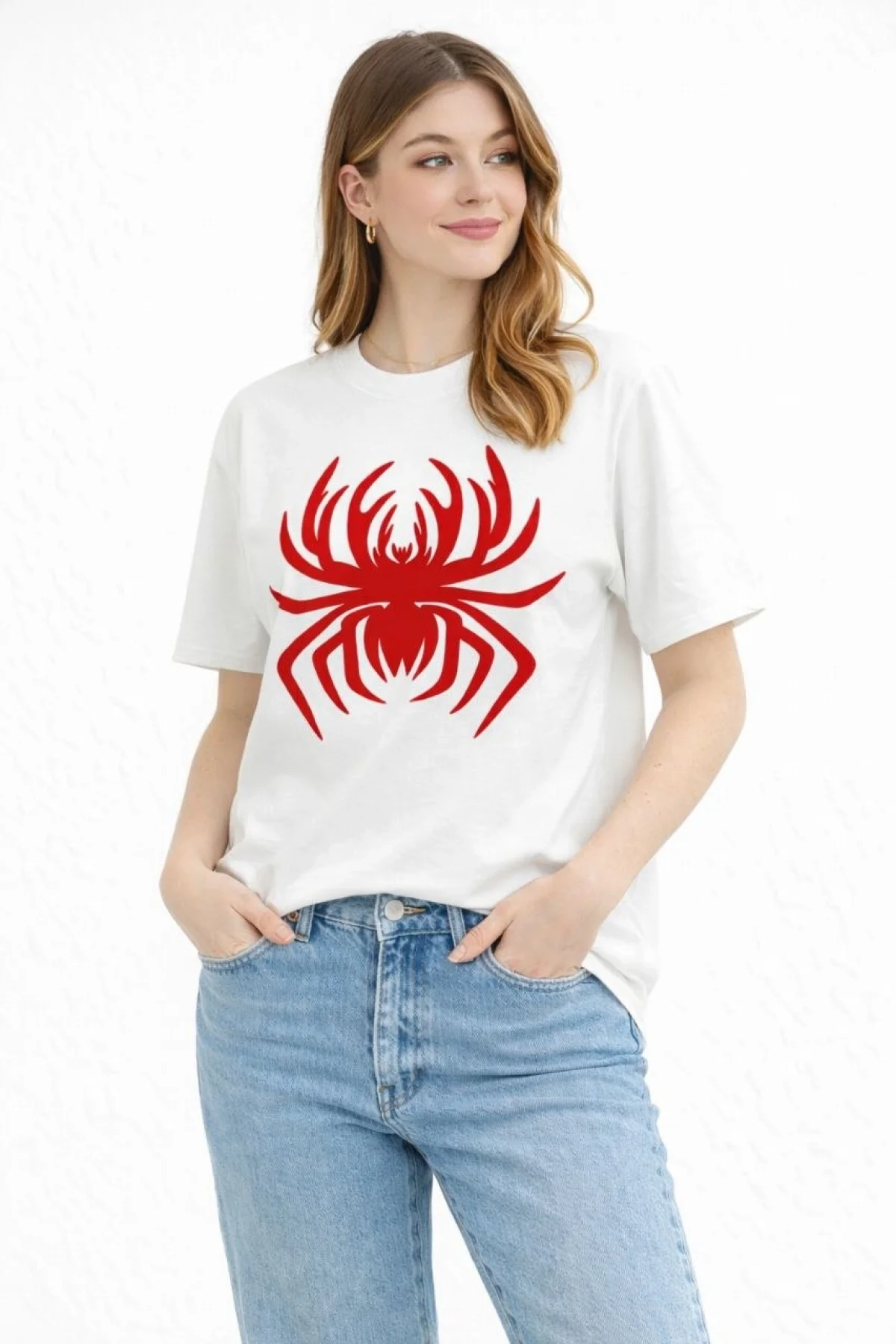 Kadın Örümcek Baskılı Tişört Kısa Kollu Bisiklet Yaka T-Shirt - Beyaz