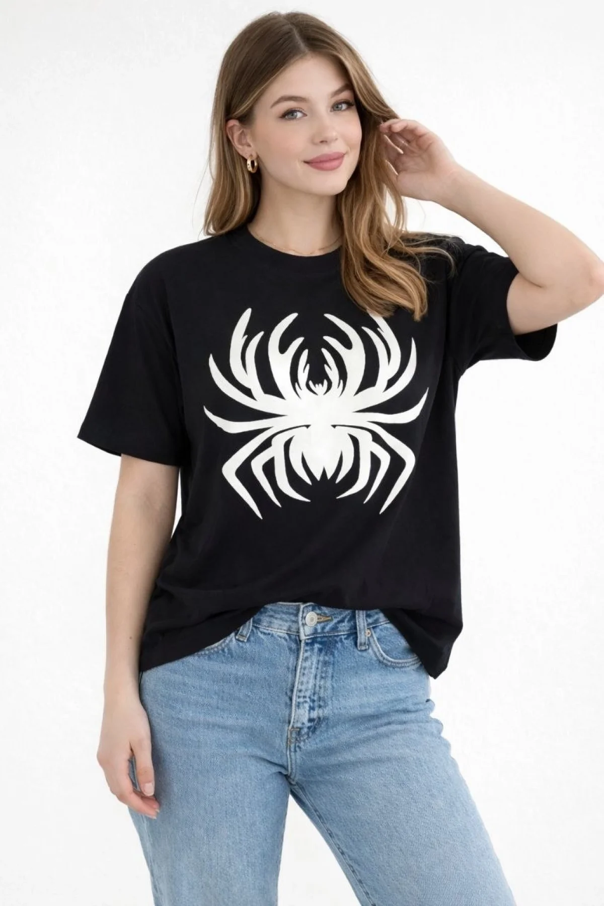 Kadın Örümcek Baskılı Tişört Kısa Kollu Bisiklet Yaka T-Shirt - Siyah