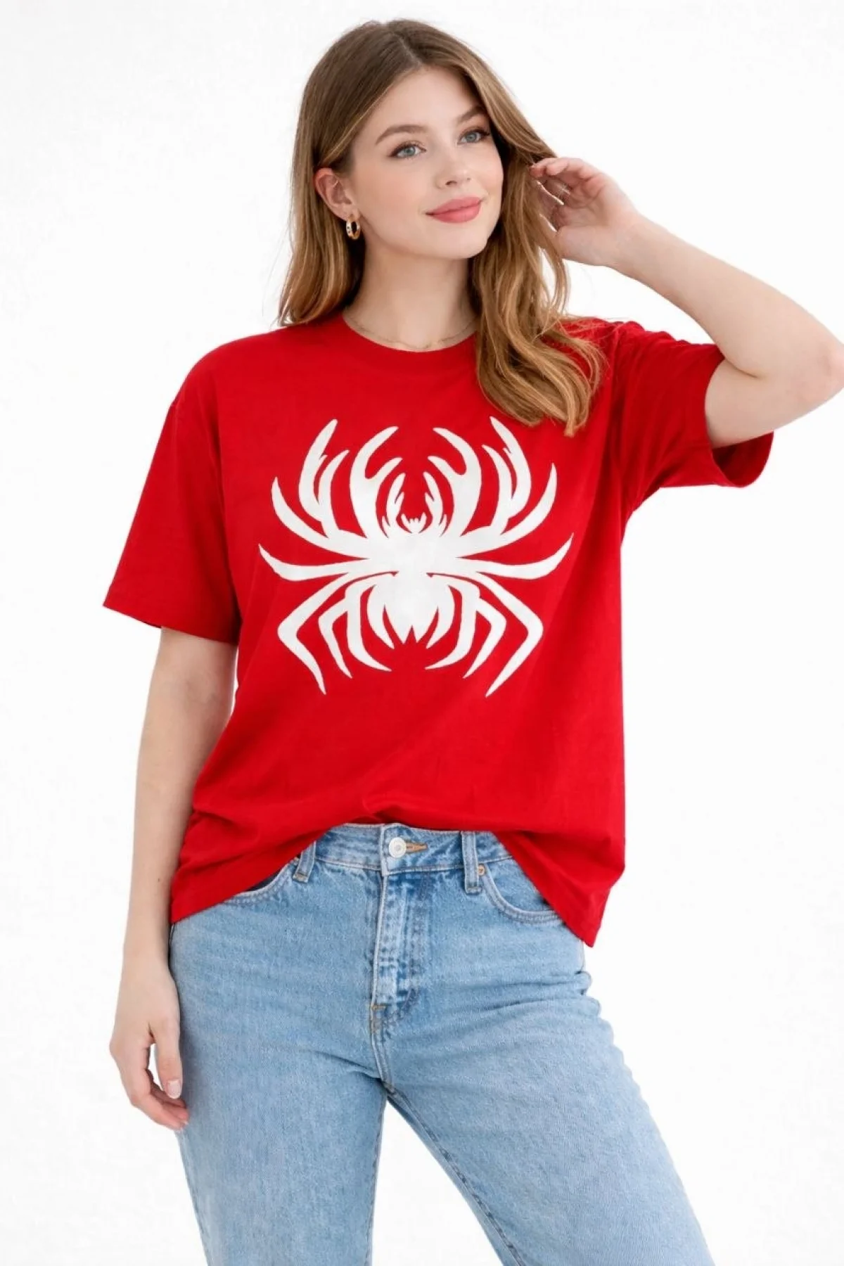 Kadın Örümcek Baskılı Tişört Kısa Kollu Bisiklet Yaka T-Shirt - Kırmızı