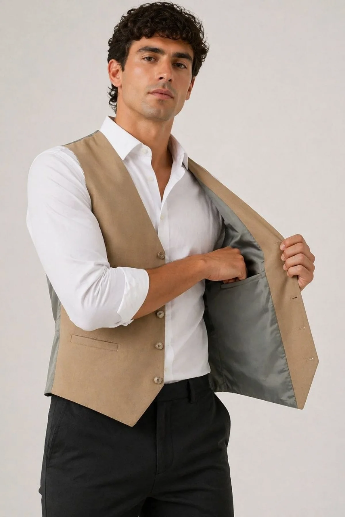 Erkek 6 Cepli Yelek İç Astarlı Sağ Sol İç Cepli Slim Fit Günlük Şık - Bej