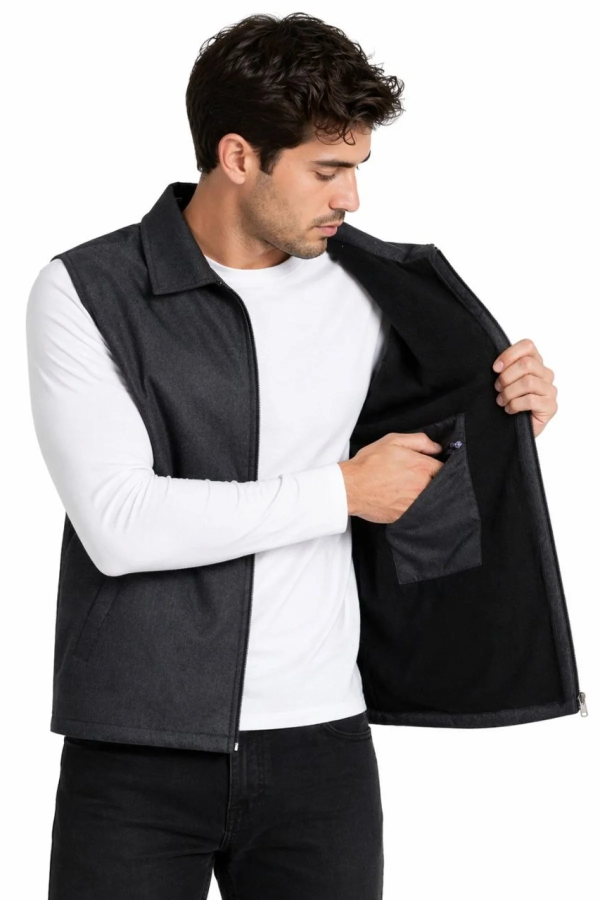 Erkek Fermuarlı Yelek 4 Cepli (İç Cepli) İç Astarlı Günlük Rahat Kalıp - Antrasit
