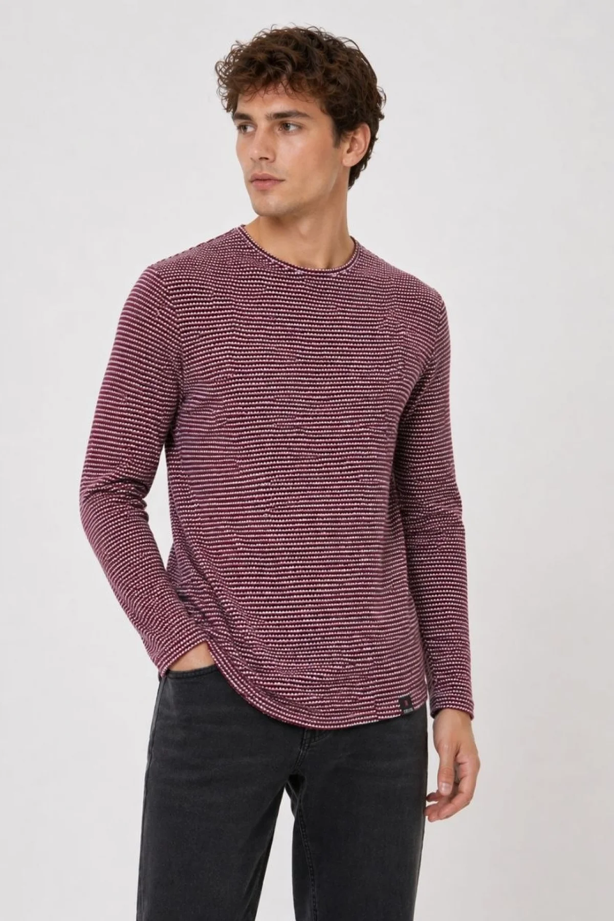 Erkek Dokulu Çizgili Uzun Kollu Tişört Oval Kesim - Bordo