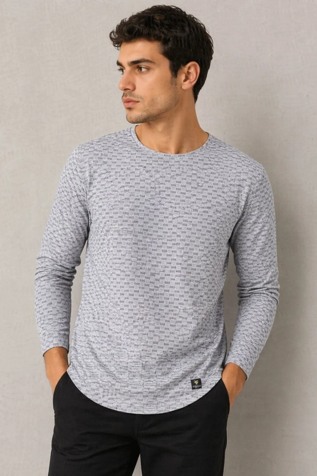 ErkekLikralı Dokulu Uzun Kollu Tişört Oval Kesim - Gri