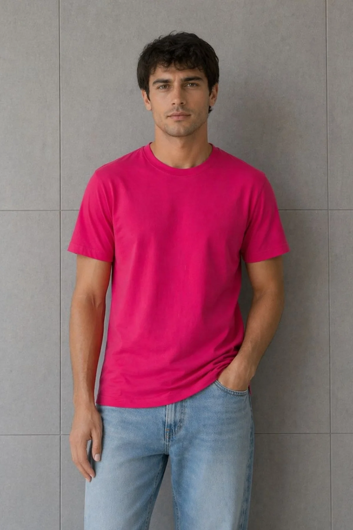 Erkek Basic Pamuklu Tişört Bisiklet Yaka Düz Renk Regular Fit T-Shirt - Fuşya