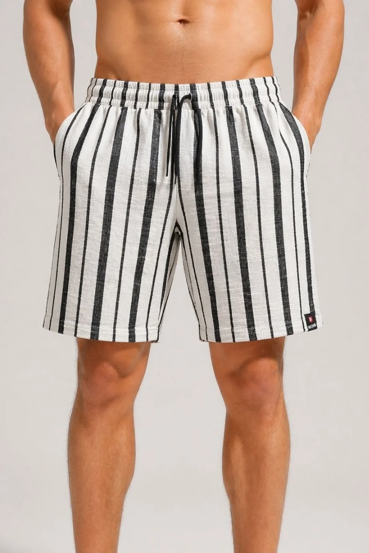 Erkek Çizgili Yazlık Şort Dokuma Kumaş Lastikli Bel Cepli Rahat Kesim - Ekru
