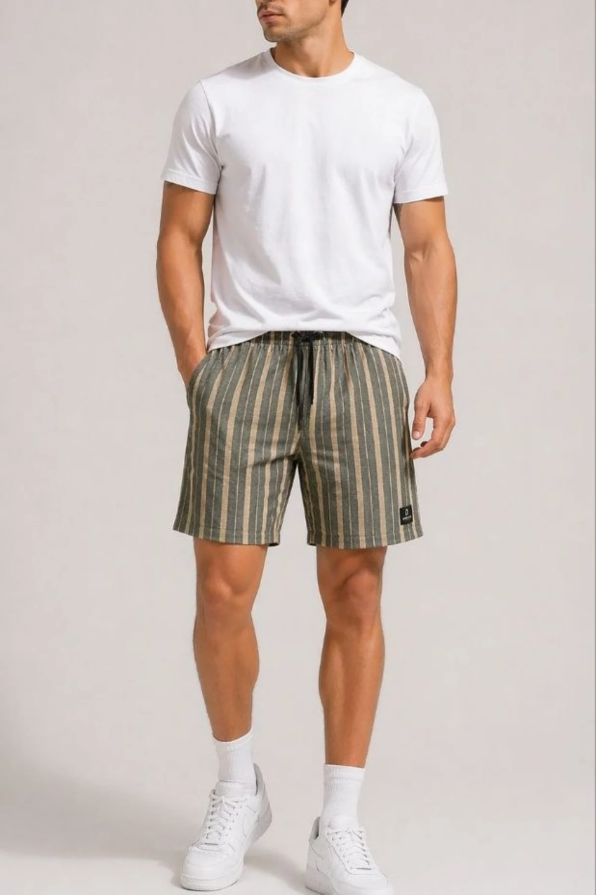 Erkek Çizgili Yazlık Şort Dokuma Kumaş Lastikli Bel Cepli Rahat Kesim - Haki