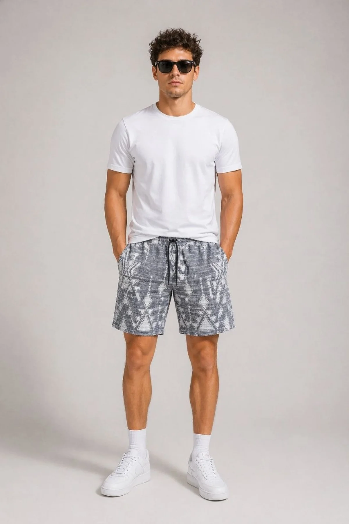 Erkek Desenli Dokuma Yazlık Şort Lastikli Bel Bağcıklı Rahat Kesim - Gri