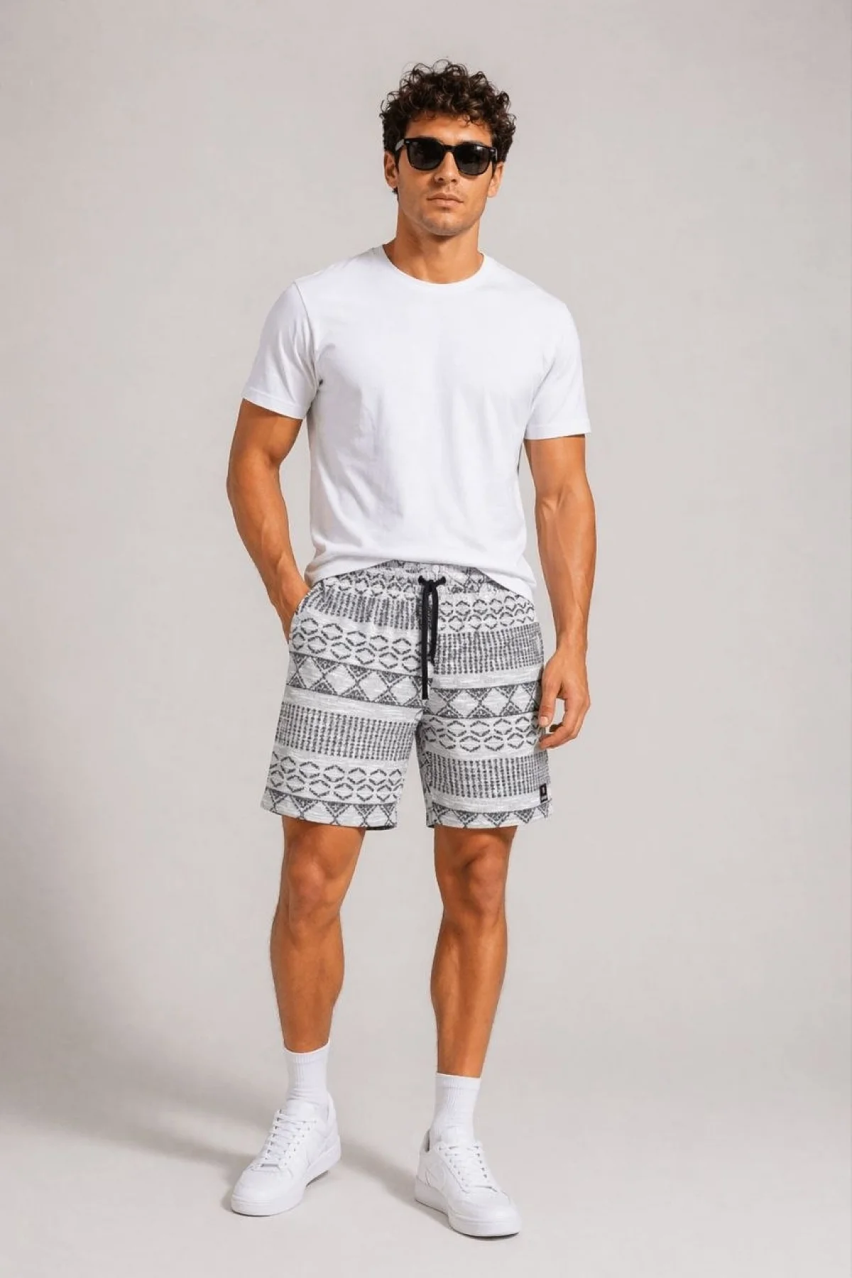 Erkek Dokuma Etnik Desenli Şort Lastikli Bel Bağcıklı Cepli Yazlık Rahat - Gri