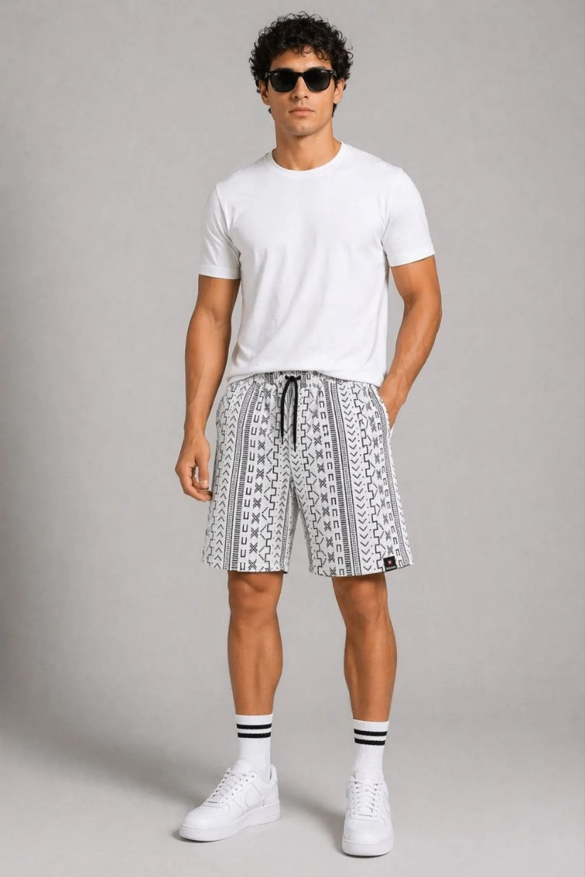 Erkek Etnik Desenli Dokuma Şort Lastikli Bağcıklı Bel Cepli Yazlık Rahat - Gri