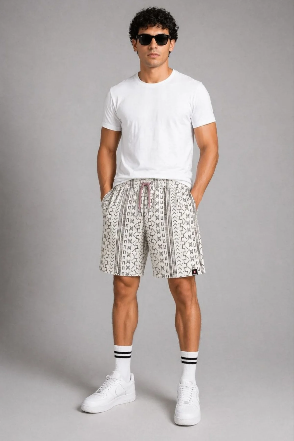 Erkek Dokuma Şort Etnik Desenli Lastikli Bağcıklı Bel Cepli Yazlık Rahat - Bej