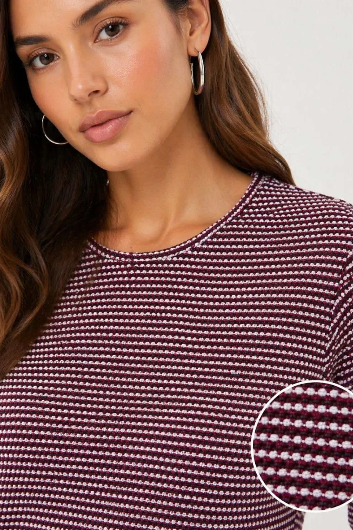 Kadın Dokulu Çizgili Uzun Kollu Tişört Oval Kesim Basic Rahat Kalıp Bluz - Bordo