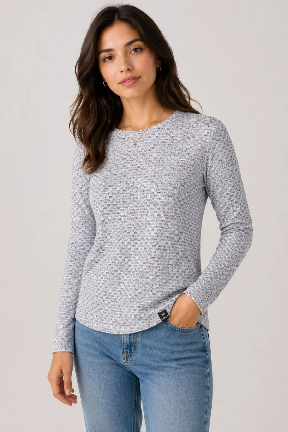 Kadın Likralı Dokulu Uzun Kollu Tişört Oval Kesim Rahat Kalıp Bluz - Gri