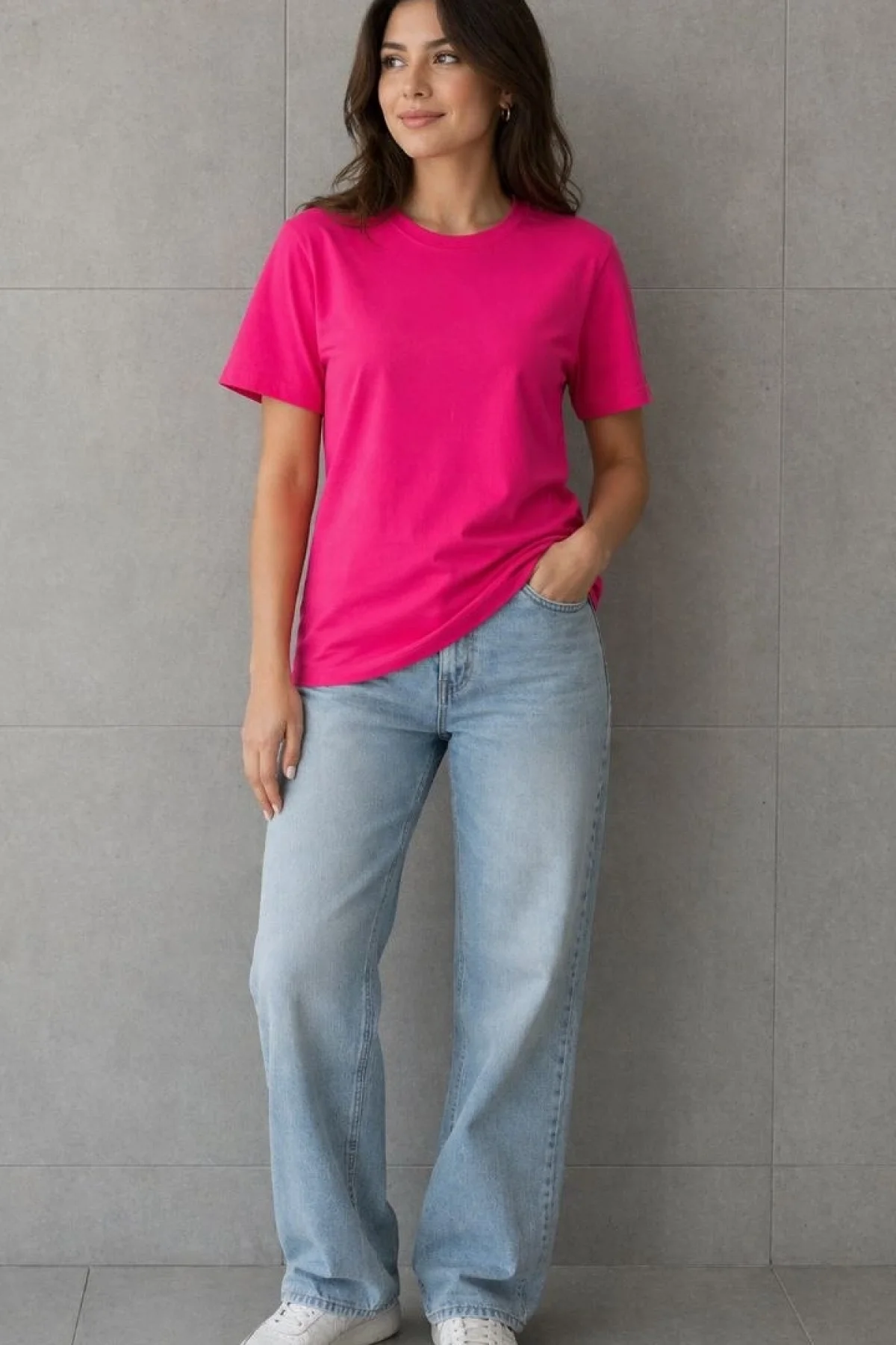 Kadın Basic Pamuklu Tişört Bisiklet Yaka Düz Renk Relaxed Fit T-Shirt - Fuşya