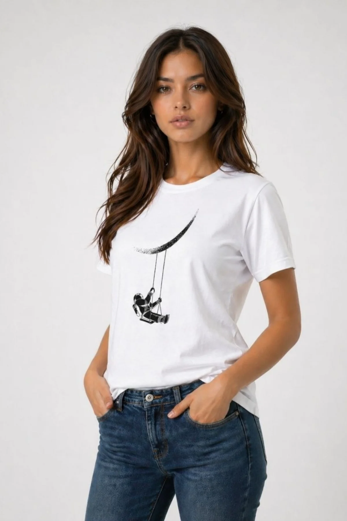 Kadın Astronot Ay Temalı Tişört Kısa Kol Yazlık Bisiklet Yaka T-Shirt - Beyaz