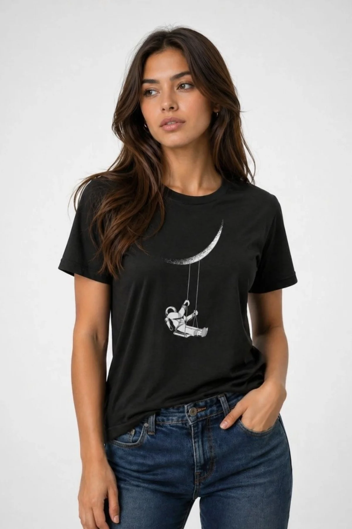 Kadın Astronot Ay Temalı Tişört Kısa Kol Yazlık Bisiklet Yaka T-Shirt - Siyah
