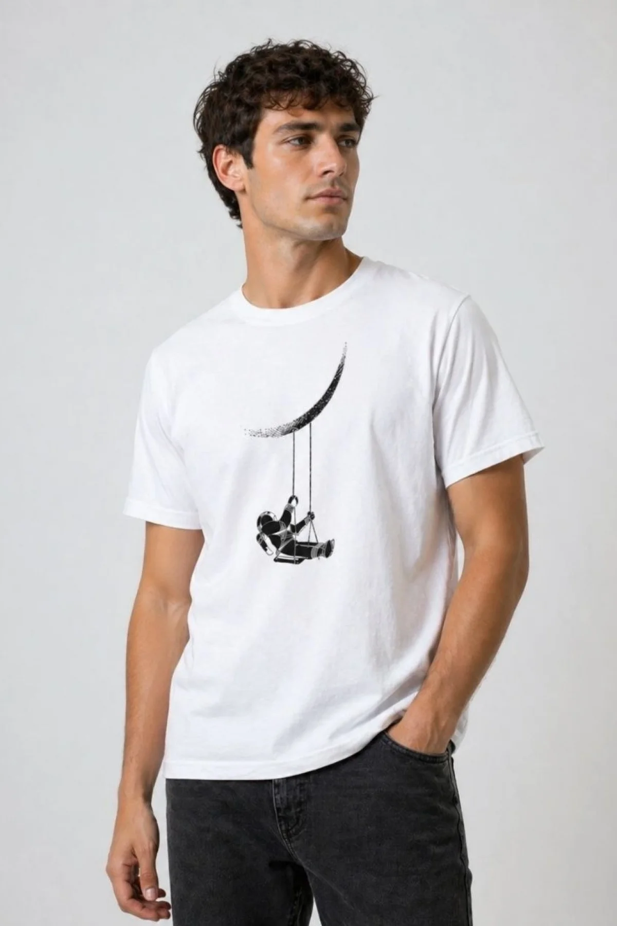 Erkek Astronot Ay Temalı Tişört Kısa Kol Yazlık Bisiklet Yaka T-Shirt - Beyaz