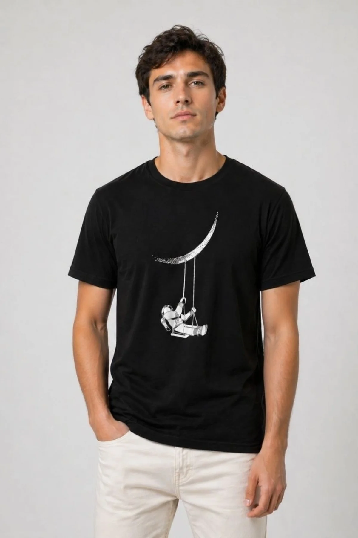 Erkek Astronot Ay Temalı Tişört Kısa Kol Yazlık Bisiklet Yaka T-Shirt - Siyah