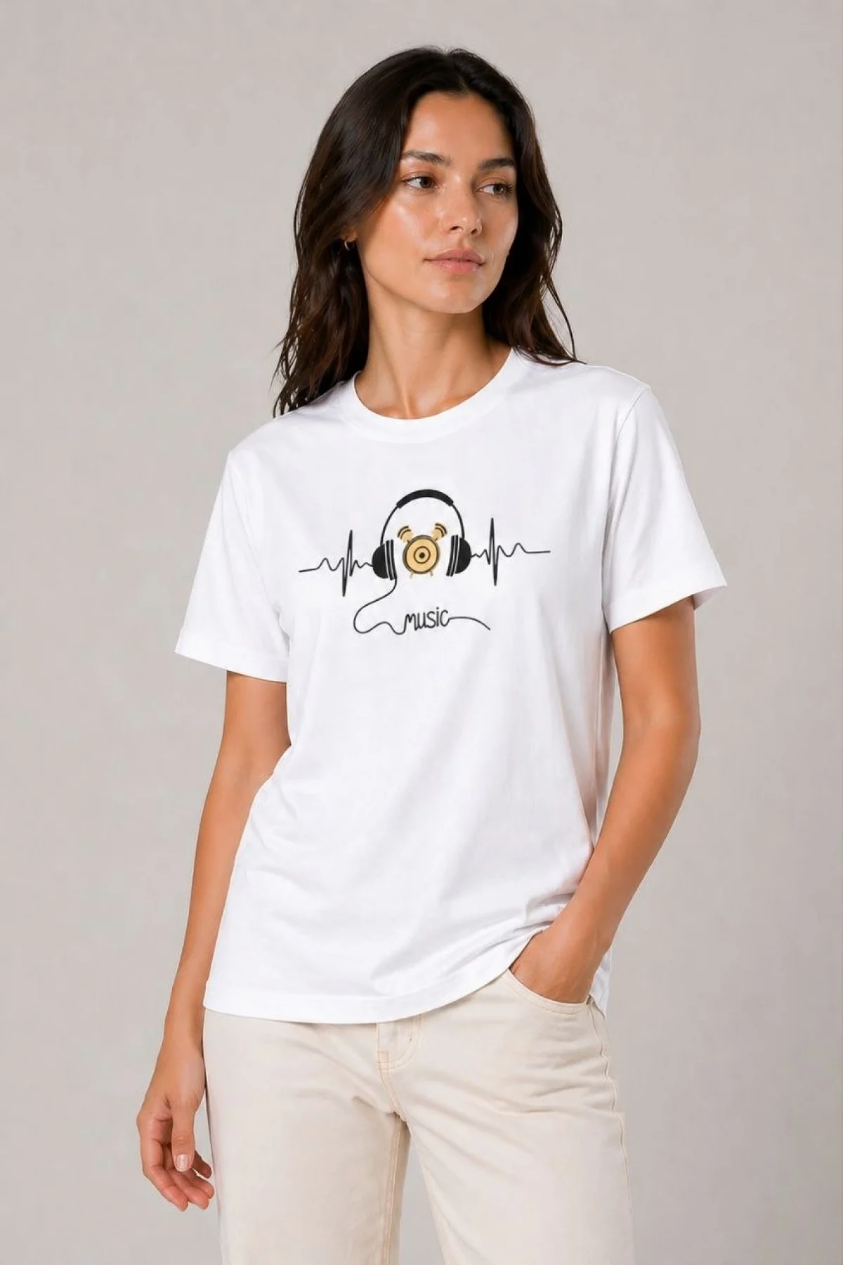 Kadın Müzik Temalı Baskılı Tişört Bisiklet Yaka Kısa Kol T-Shirt - Beyaz