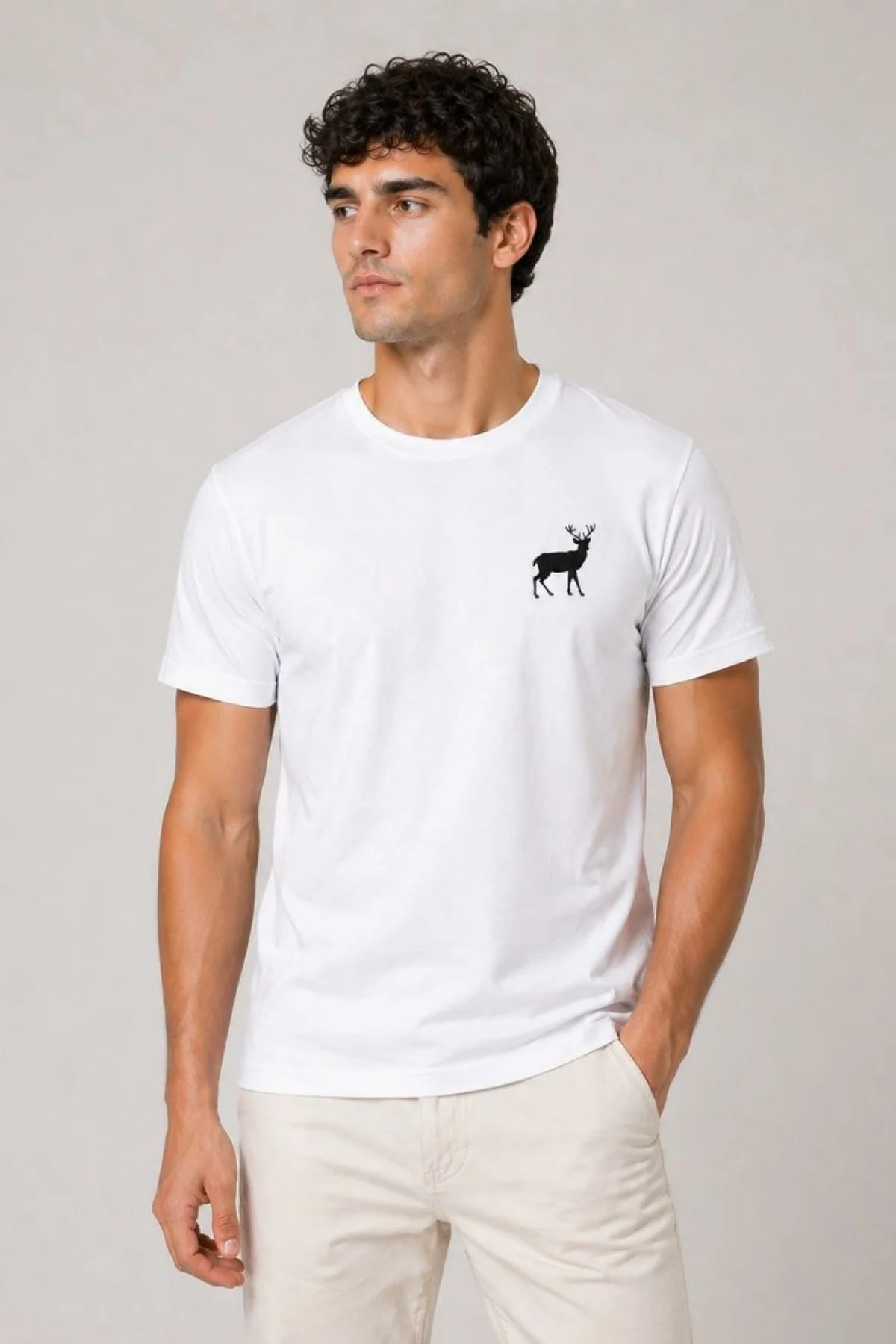 Erkek Minimal Geyik Logolu Tişört Bisiklet Yaka Kısa kol Yazlık T-Shirt - Beyaz