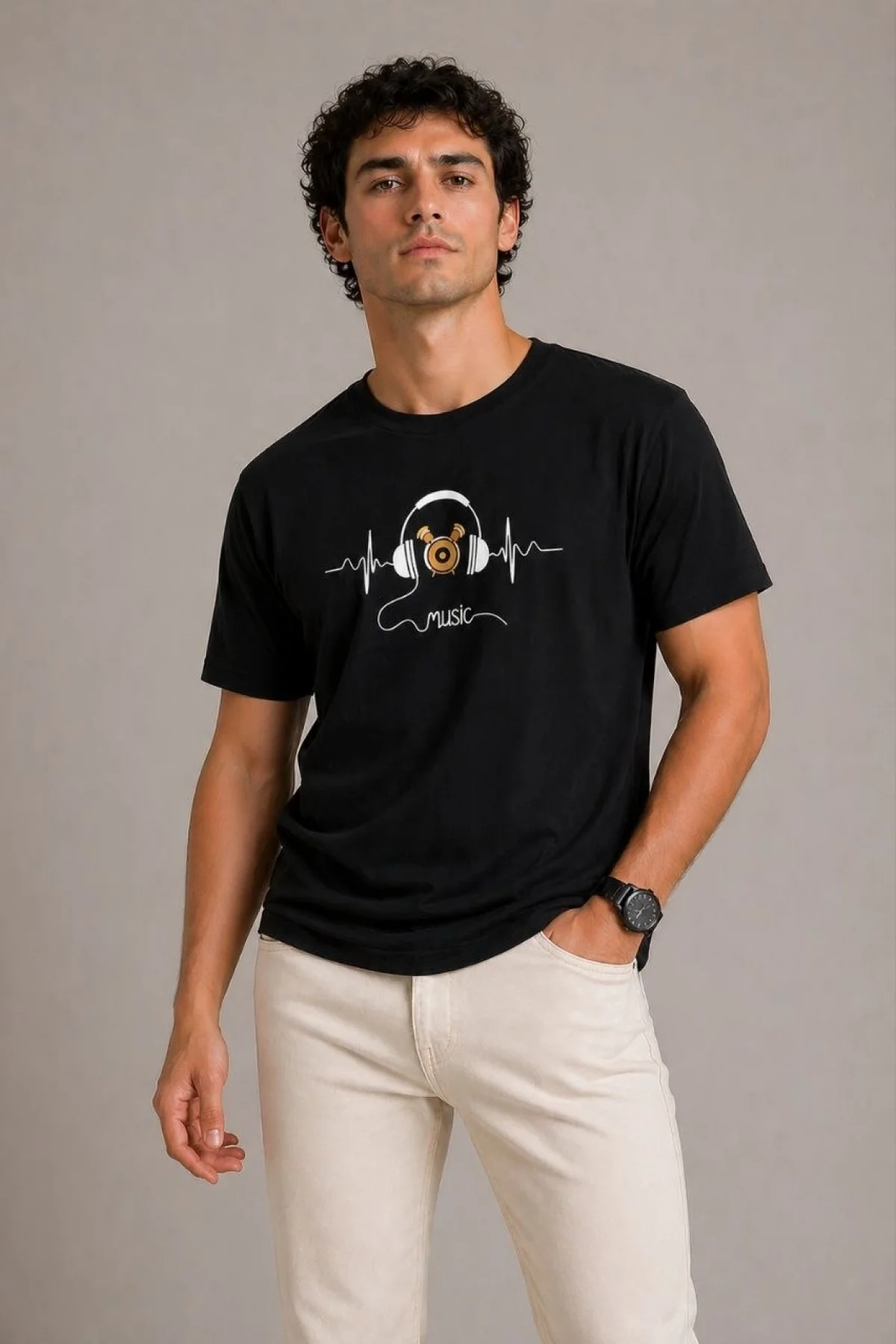 Erkek Müzik Temalı Baskılı Tişört Bisiklet Yaka Kısa Kol T-Shirt - Siyah