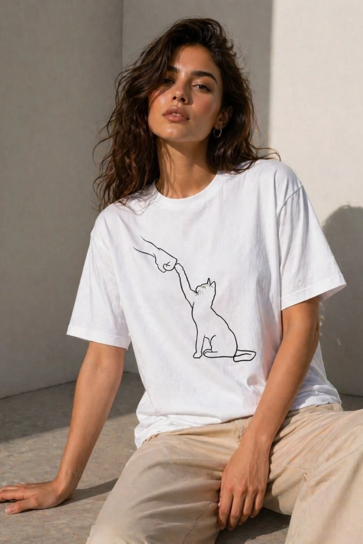 Kadın Minimal Kedi Çizim Baskılı Tişört Kısa Kol Yazlık T-Shirt - Beyaz