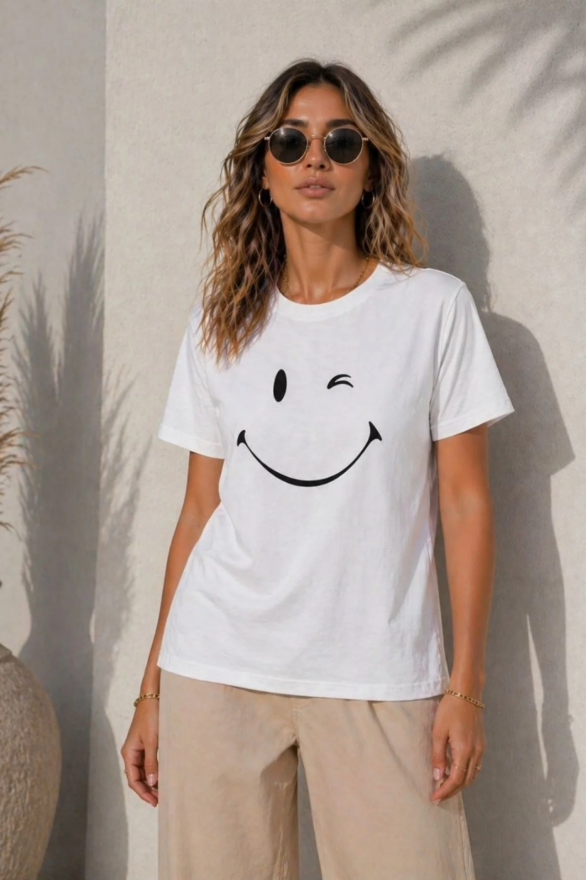 Kadın Minimal Gülümseyen Yüz Baskılı Tişört Kısa Kol Yazlık T-Shirt - Beyaz