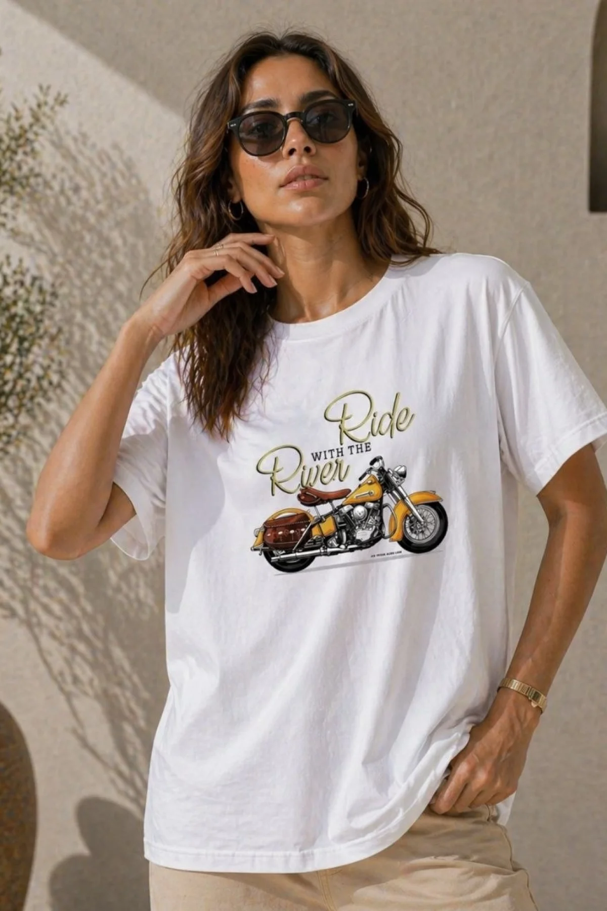 Kadın Motosiklet Baskılı Tişört Bisiklet Yaka Kısa Kol Yazlık T-Shirt - Beyaz