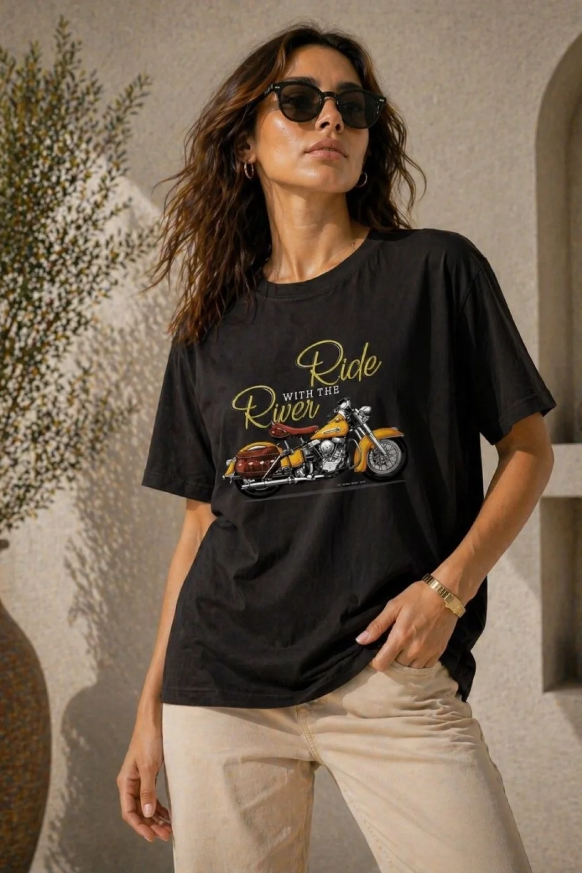 Kadın Motosiklet Baskılı Tişört Bisiklet Yaka Kısa Kol Yazlık T-Shirt - Siyah