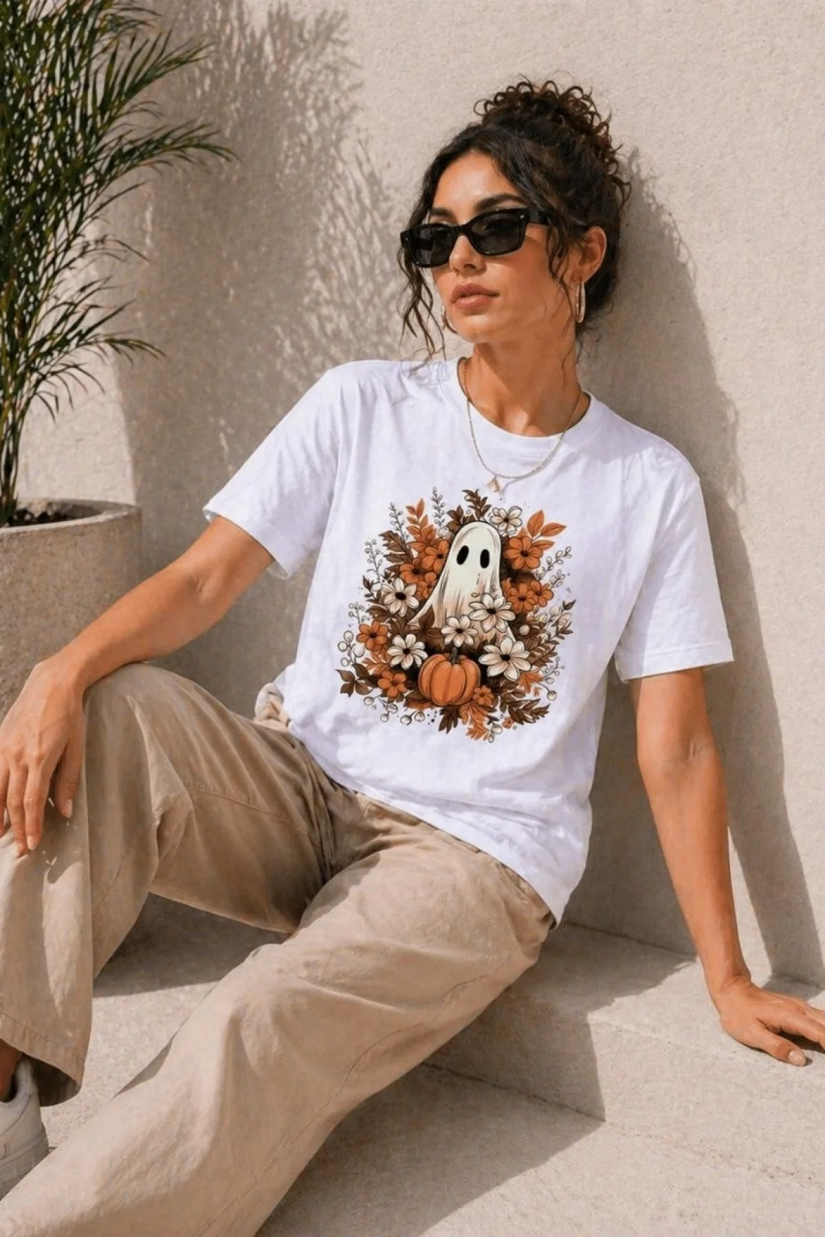 Kadın Balkabağı Hayalet Baskılı Tişört Kısa Kol Yazlık T-Shirt - Beyaz