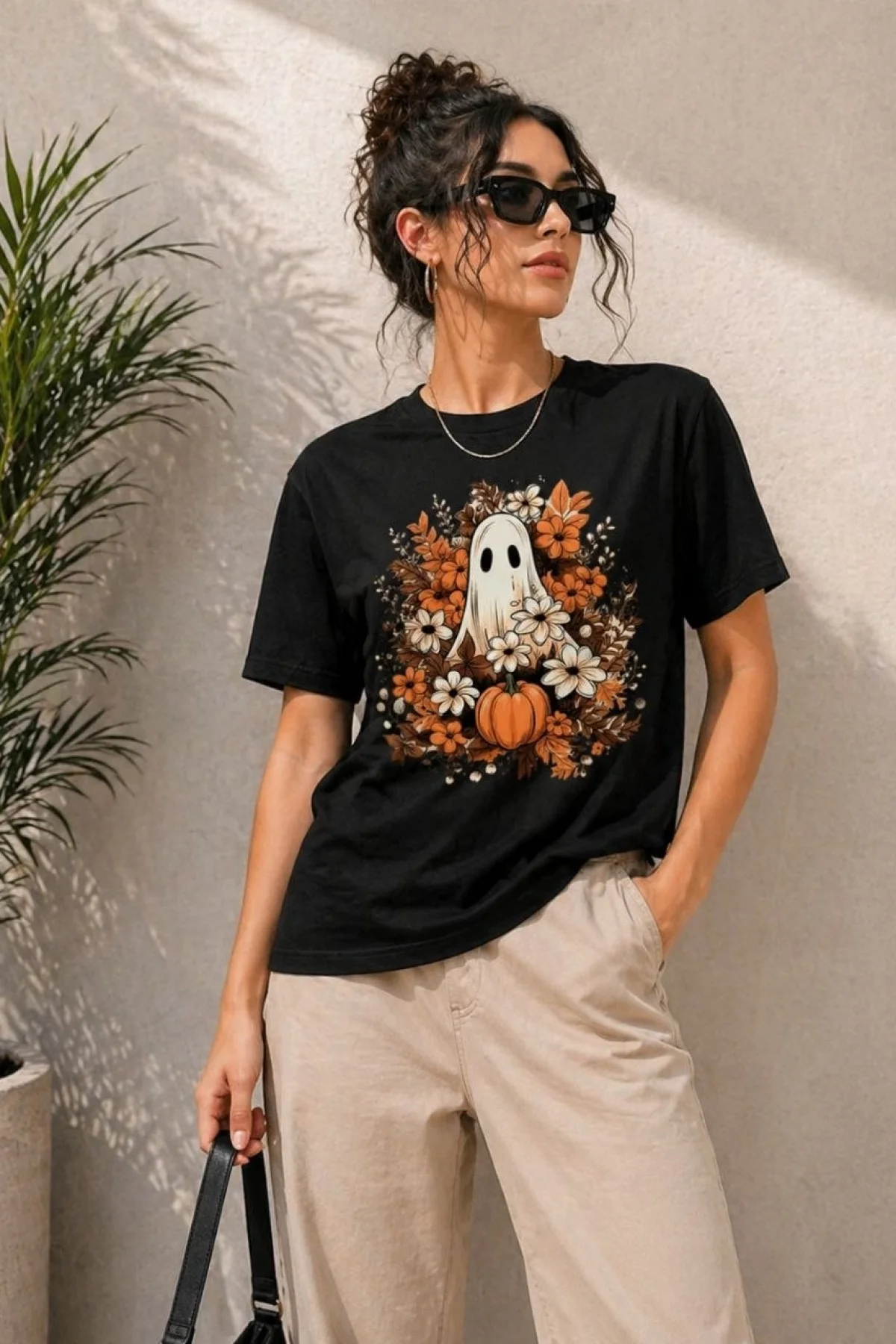 Kadın Balkabağı Hayalet Baskılı Tişört Kısa Kol Yazlık T-Shirt - Siyah
