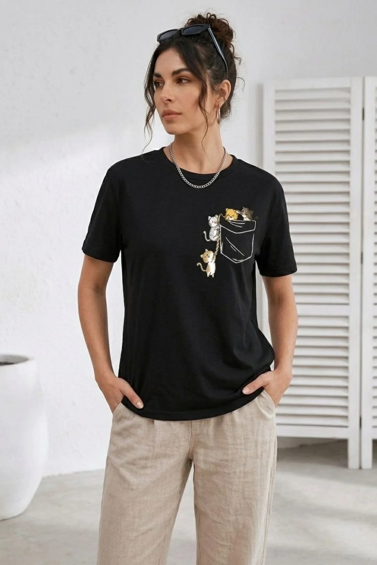 Kadın Sevimli Kedi Cep Baskılı Tişört Kısa Kol Yazlık T-Shirt - Siyah