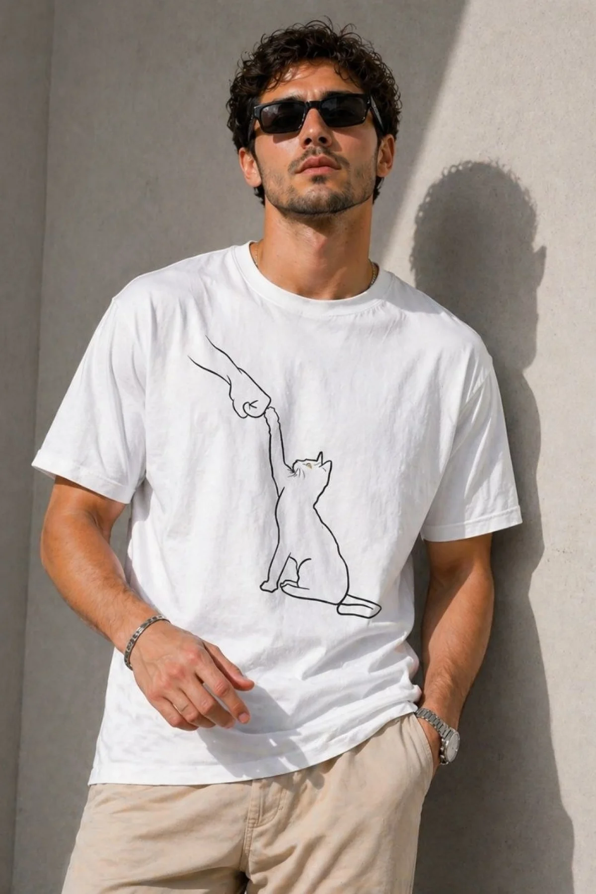 Erkek Minimal Kedi Çizim Baskılı Tişört Kısa Kol Yazlık T-Shirt - Beyaz