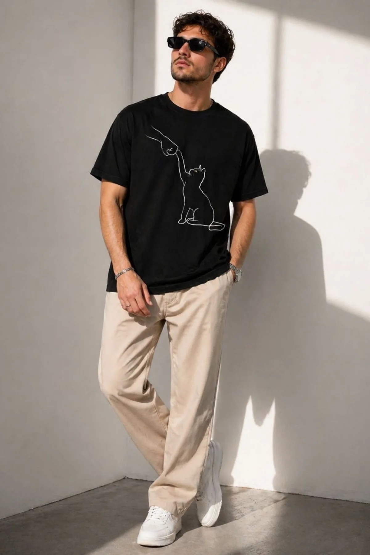 Erkek Minimal Kedi Çizim Baskılı Tişört Kısa Kol Yazlık T-Shirt - Siyah