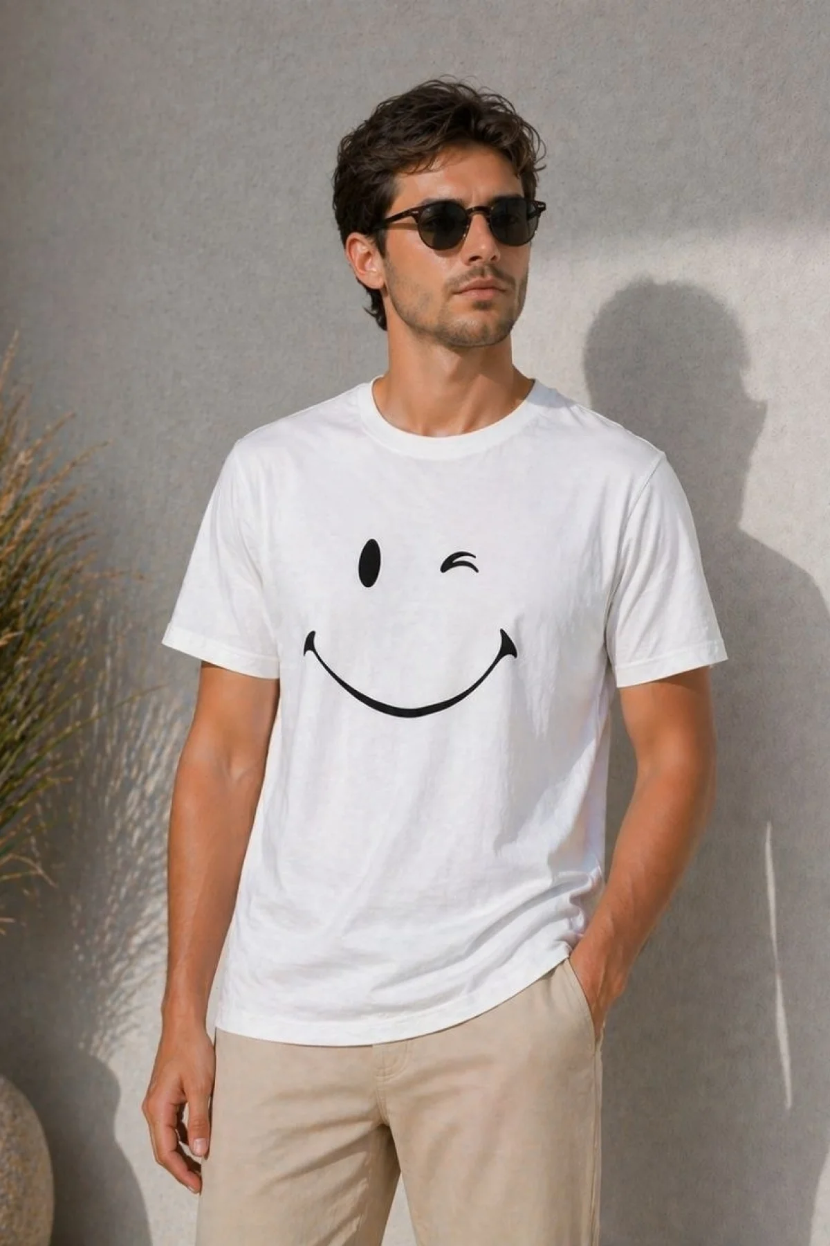 Erkek Minimal Gülümseyen Yüz Baskılı Tişört Kısa Kol Yazlık T-Shirt - Beyaz