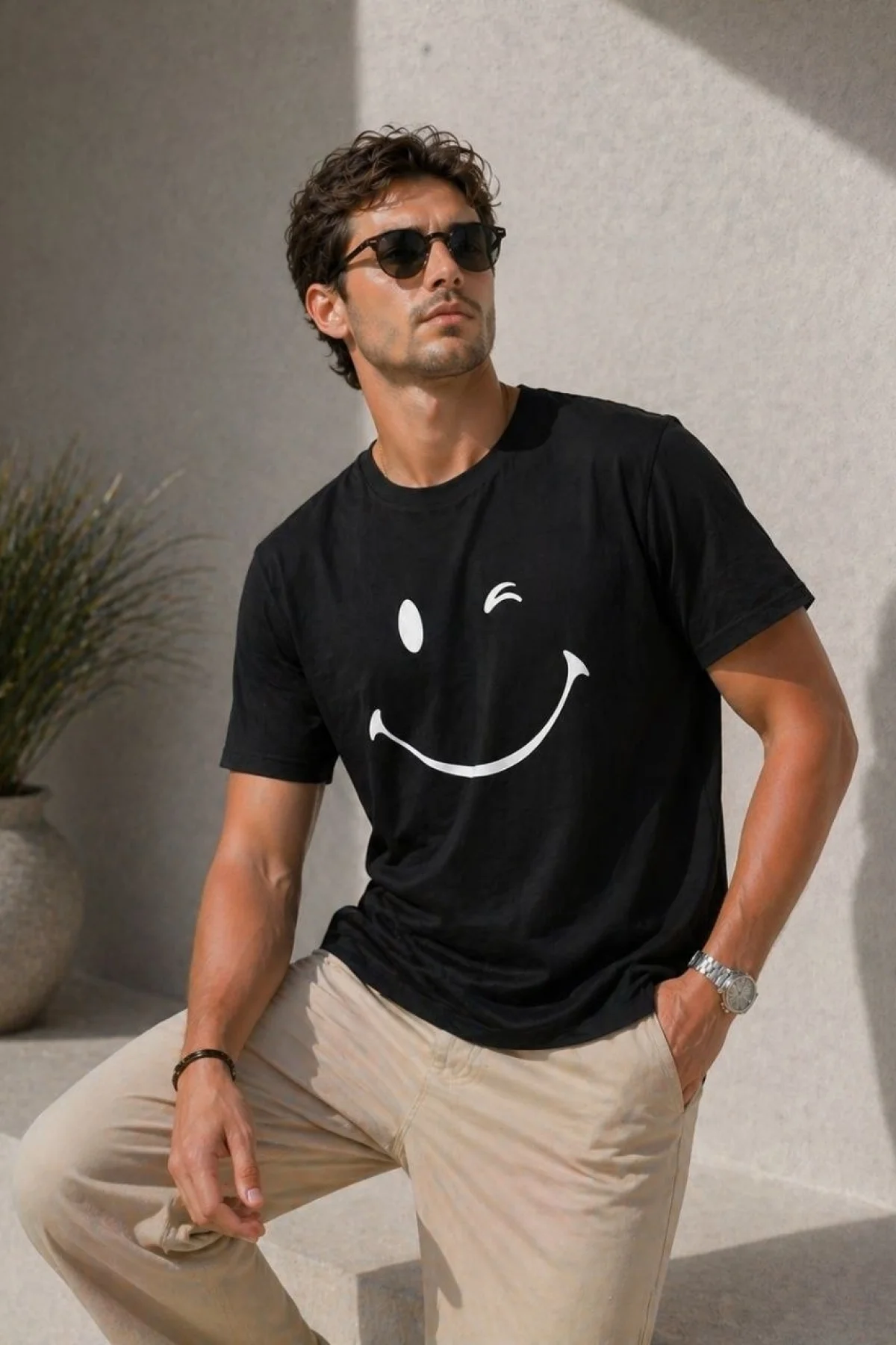 Erkek Minimal Gülümseyen Yüz Baskılı Tişört Kısa Kol Yazlık T-Shirt - Siyah