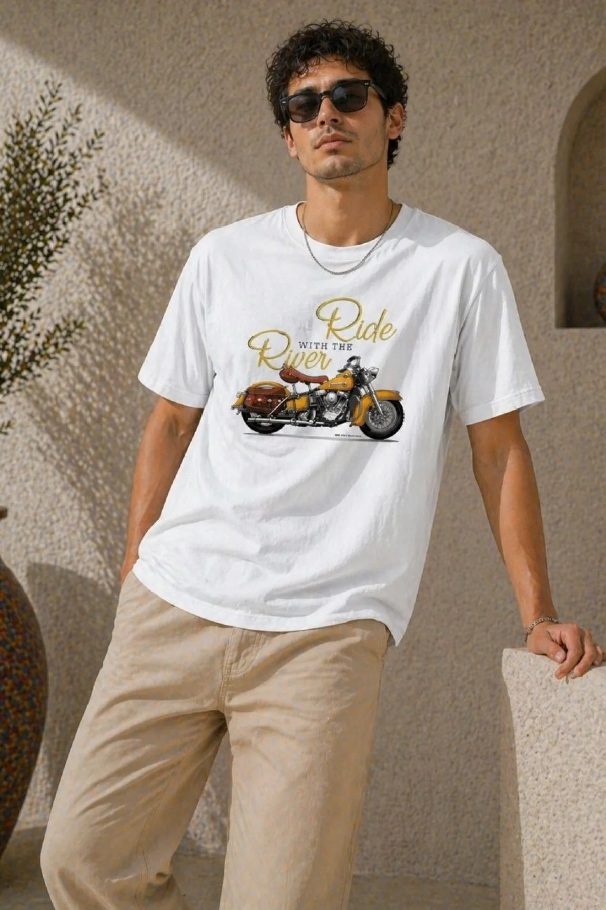 Erkek Motosiklet Baskılı Tişört Bisiklet Yaka Kısa Kol Yazlık T-Shirt - Beyaz