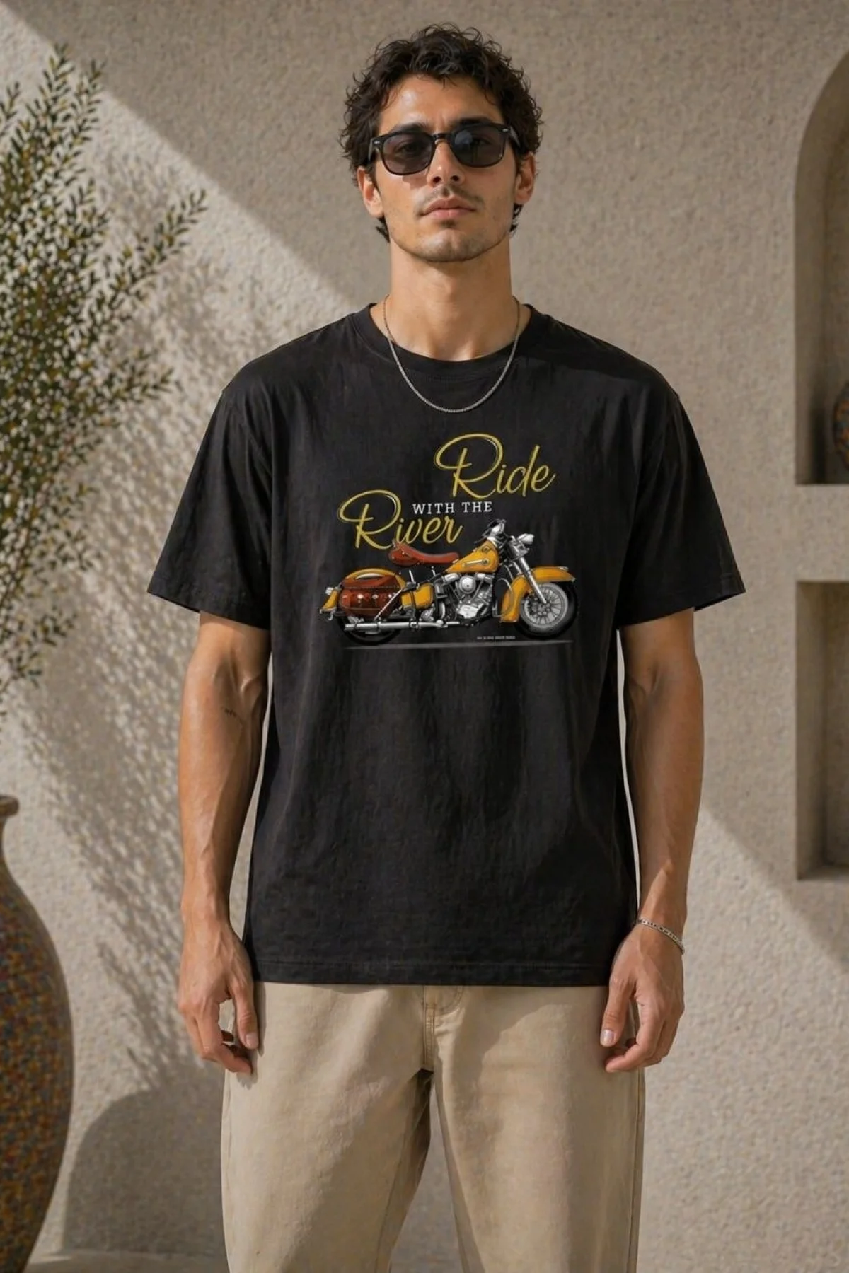 Erkek Motosiklet Baskılı Tişört Bisiklet Yaka Kısa Kol Yazlık T-Shirt - Siyah