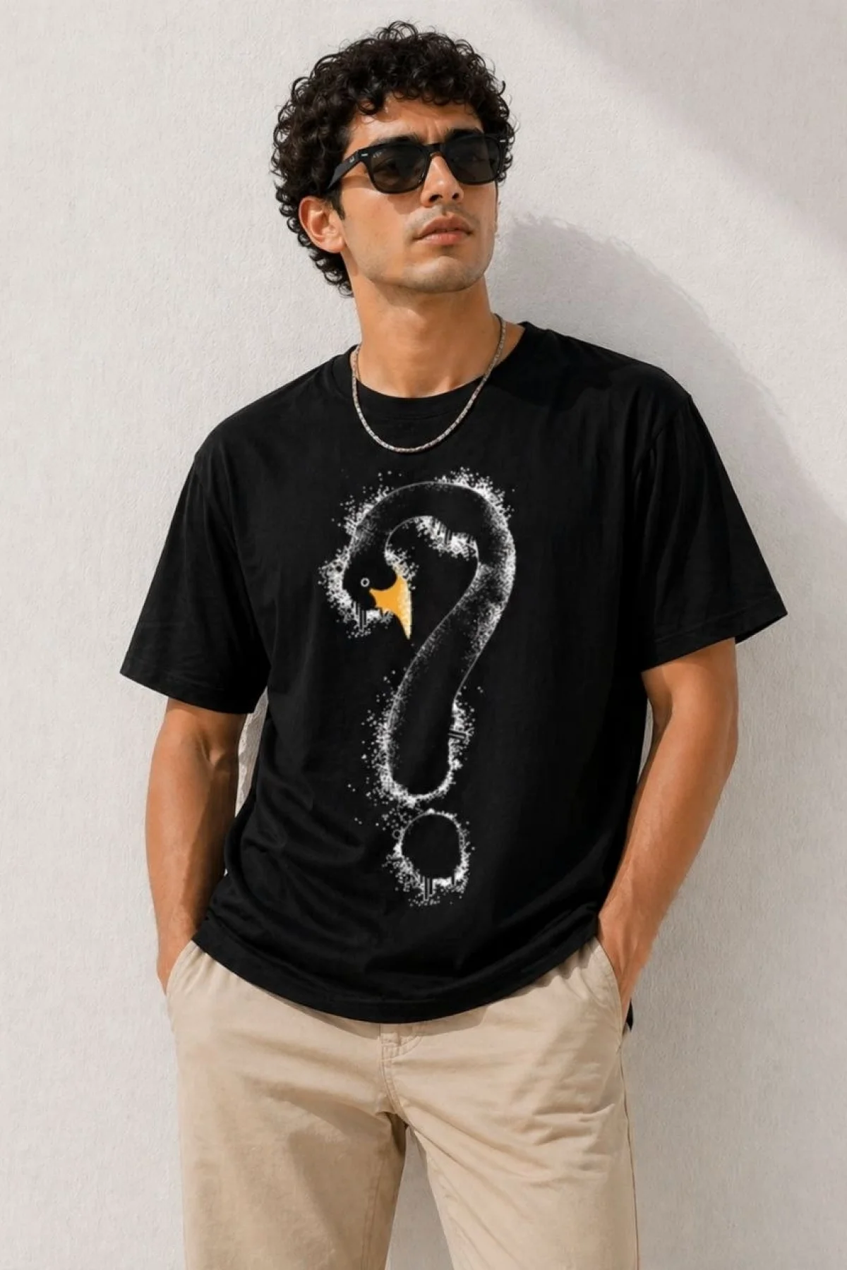 Erkek Kuğu Figürlü Soru İşareti Baskılı Tişört Kısa Kol T-Shirt - Siyah