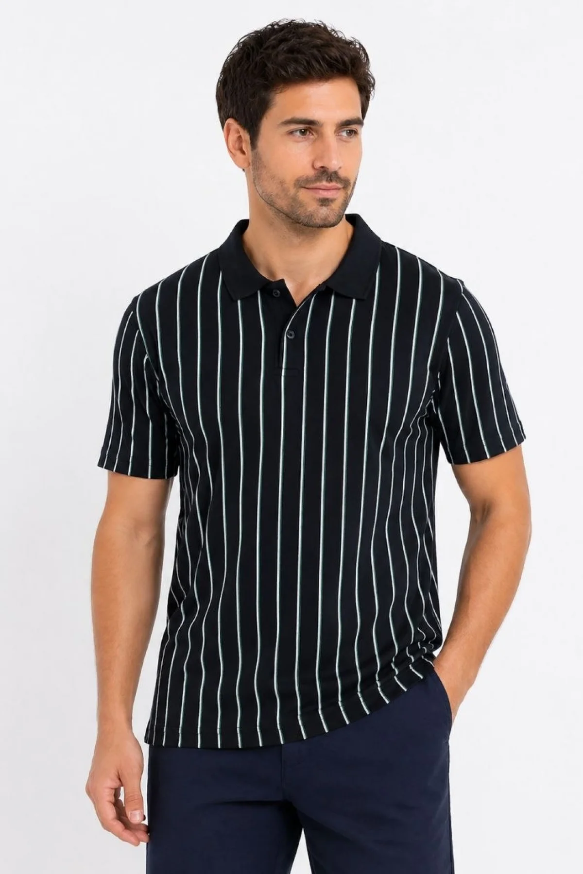 Erkek Pike Kumaş Çizgili Polo Yaka Tişört Kısa Kol Yazlık T-Shirt - Siyah