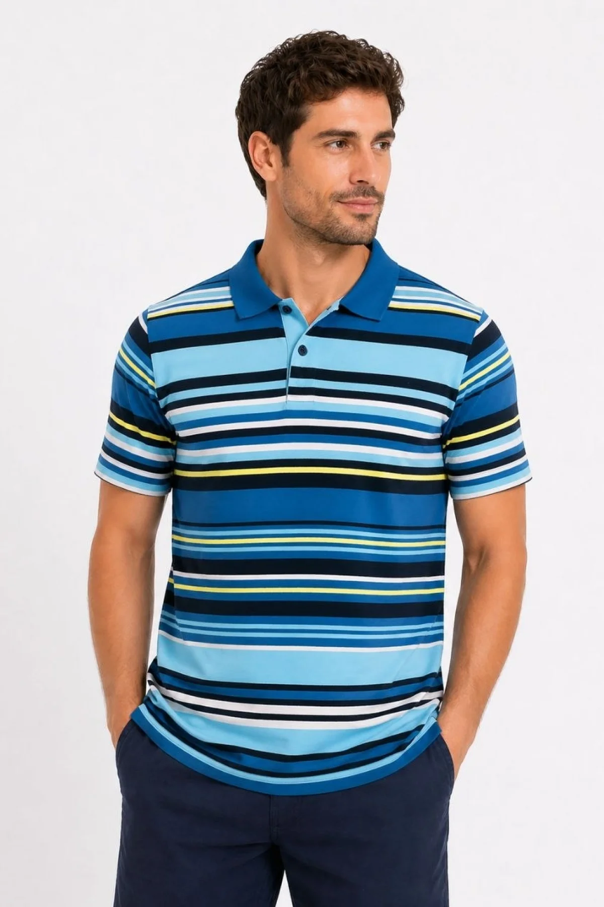 Erkek Çizgili Polo Yaka Tişört Kısa Kol Yazlık T-Shirt Regular Fit - Mavi