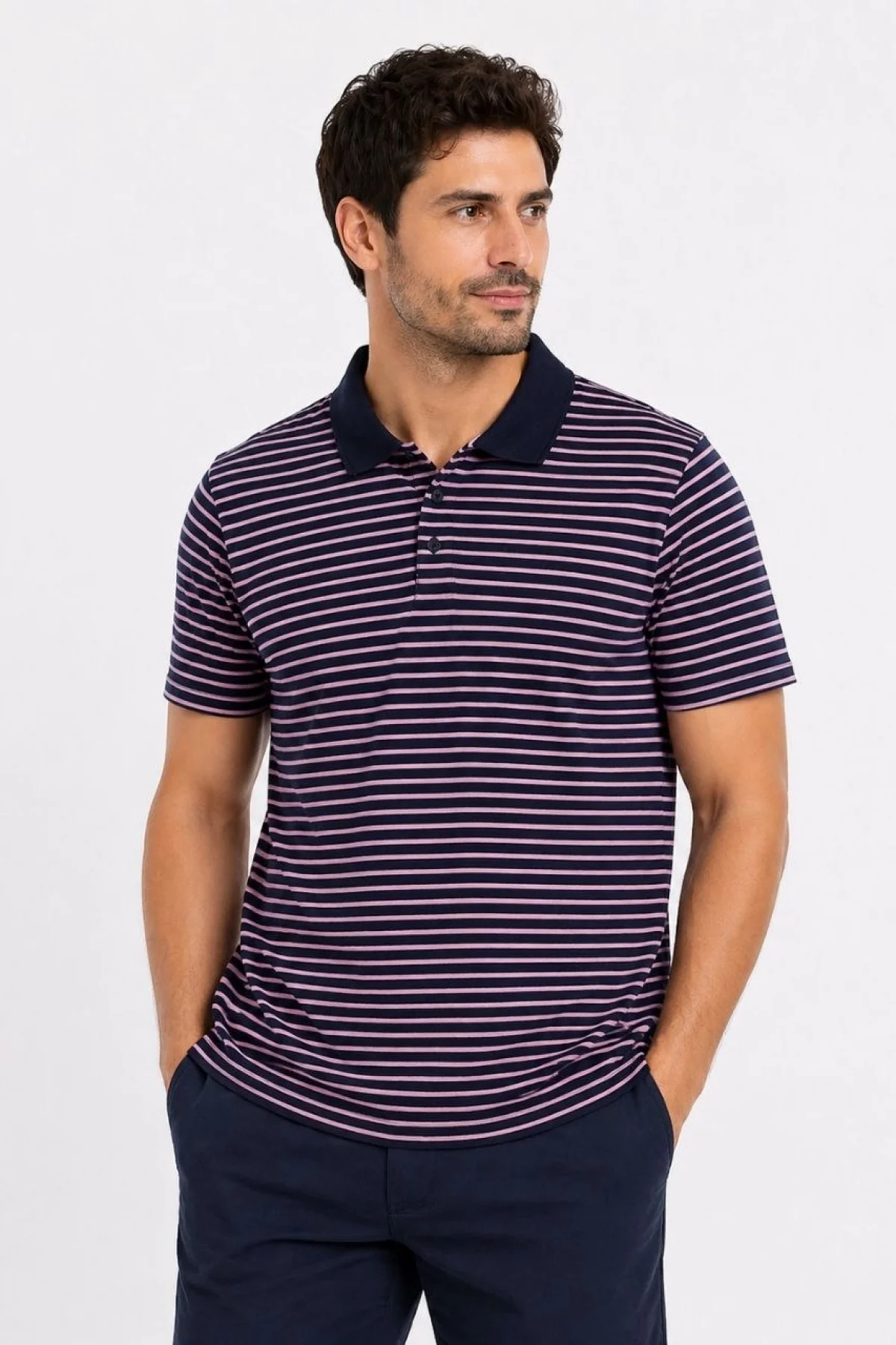 Erkek Pike Kumaş Gül Kurusu Çizgili Polo Yaka Tişört Kısa Kol T-Shirt - Siyah