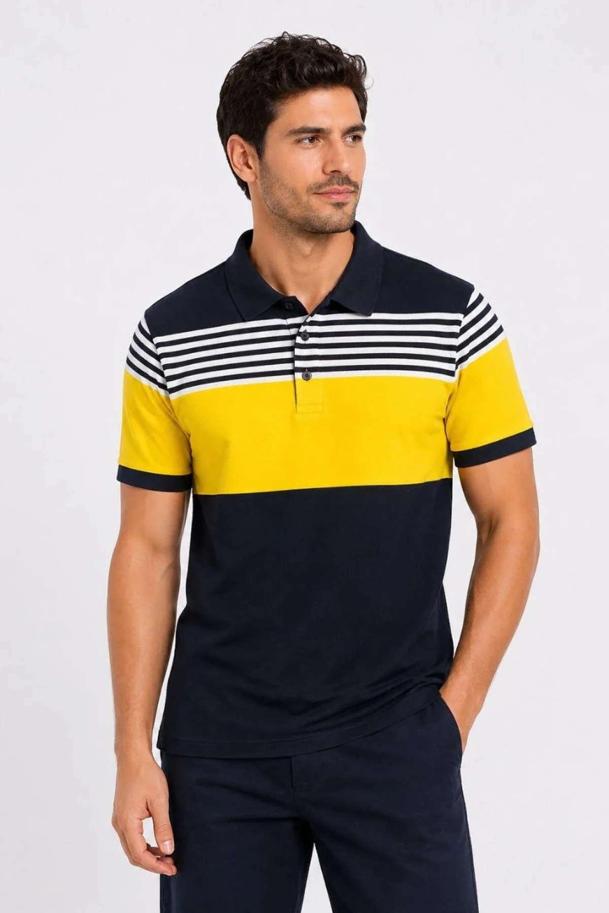 Erkek Pike Kumaş Çizgili Polo Yaka Tişört Kısa Kol Yazlık T-Shirt - Lacivert