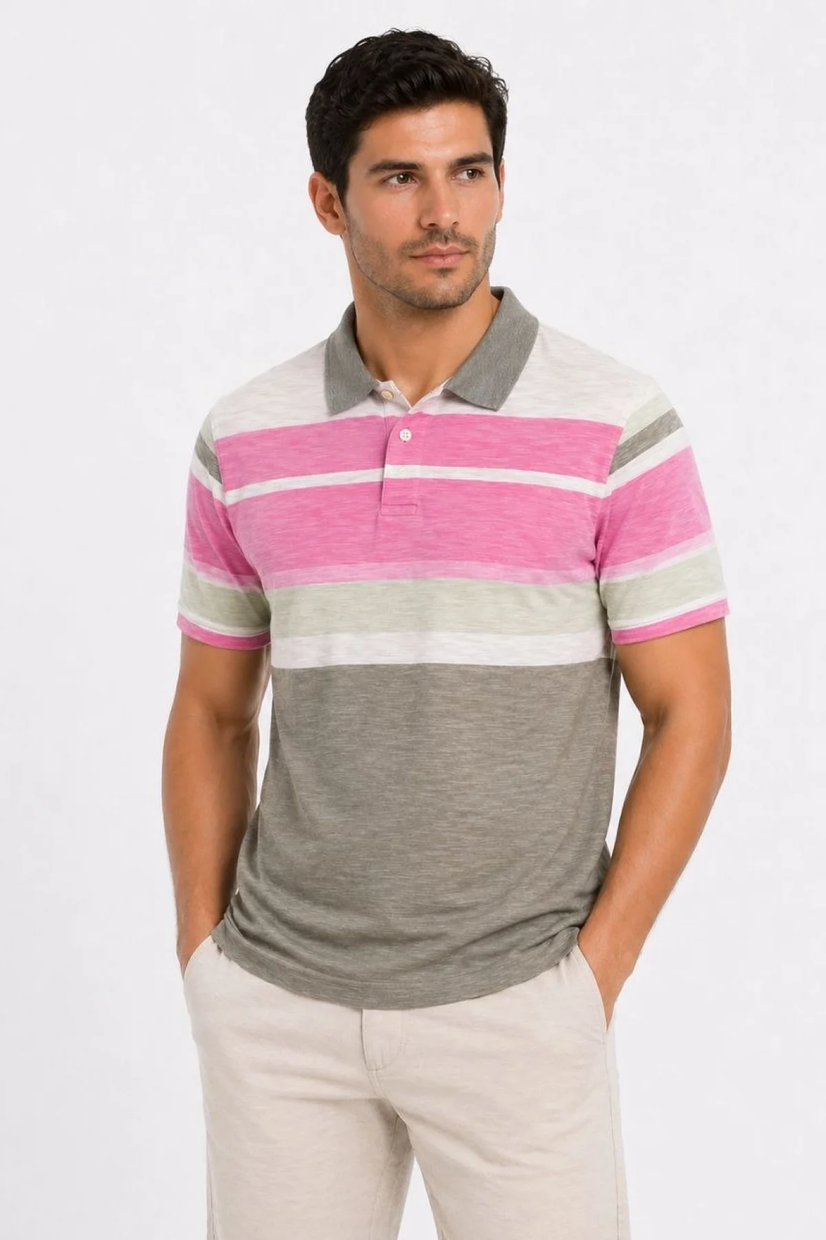 Erkek Flamlı Penye Çizgili Polo Yaka Tişört Kısa Kol Yazlık T-Shirt - Gri