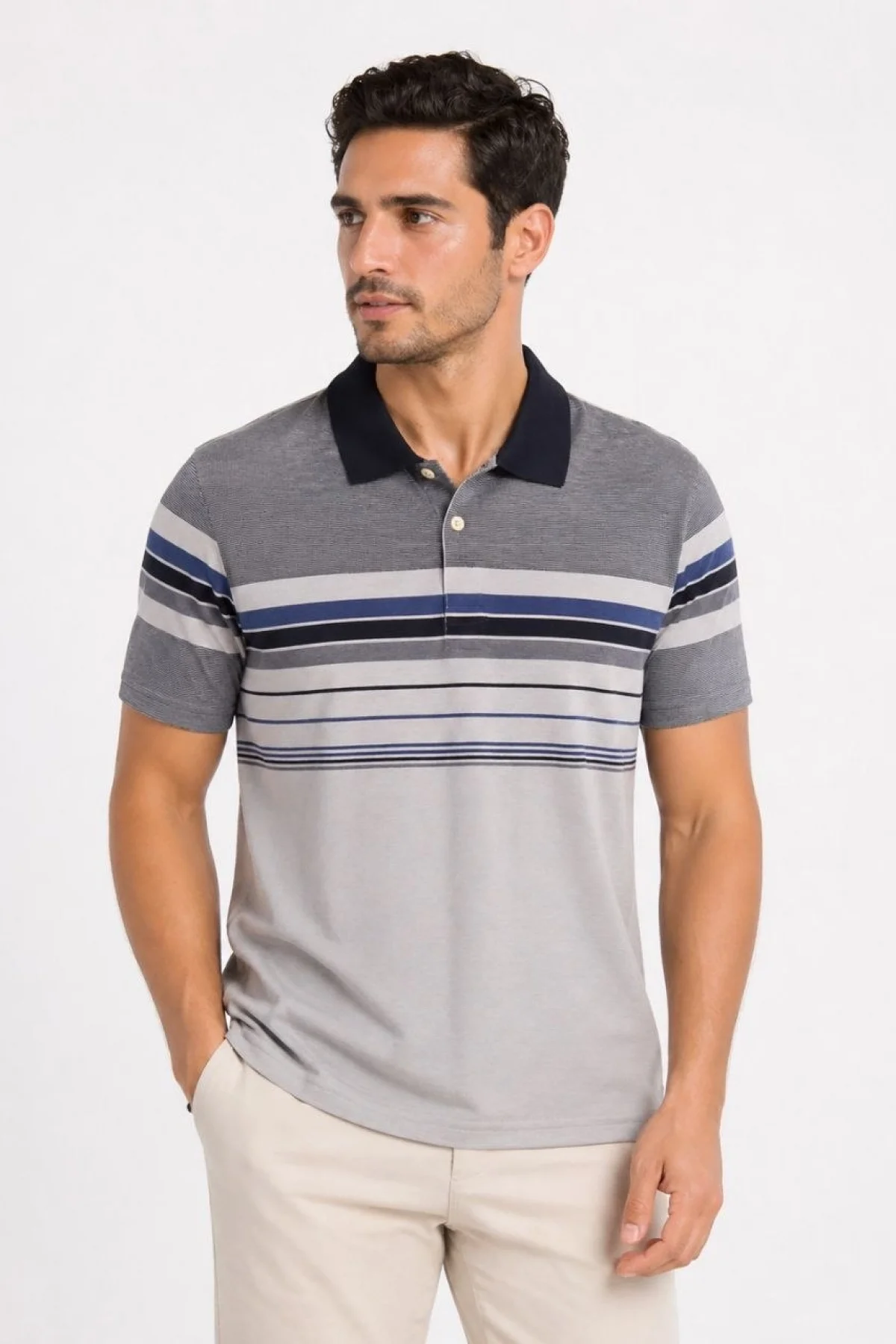 Erkek Flamlı Penye Çizgili Polo Yaka Tişört Kısa Kol Yazlık T-Shirt - Gri