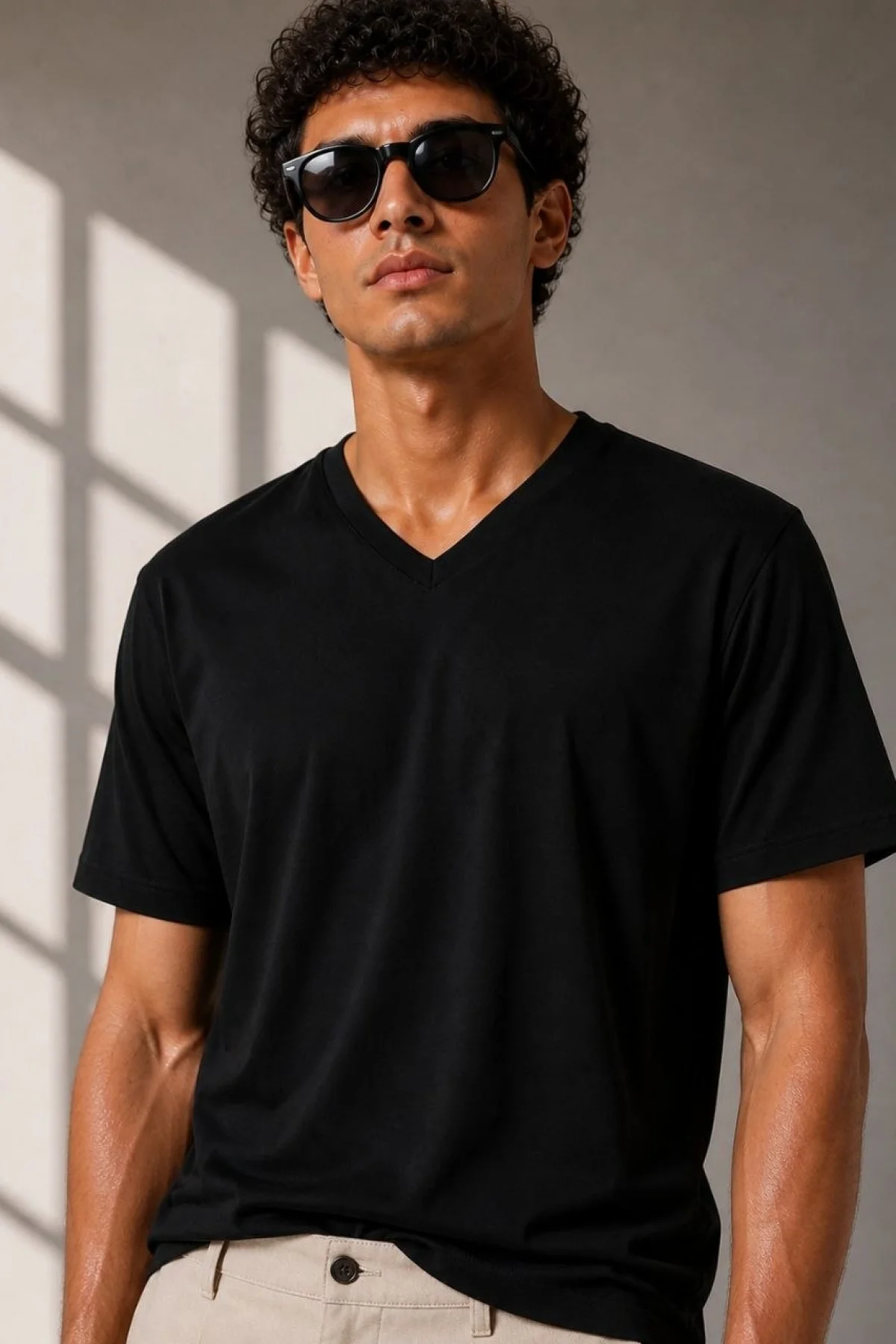 Erkek V Yaka Basic Tişört Kısa Kol Yazlık Regular Fit T-Shirt - Siyah