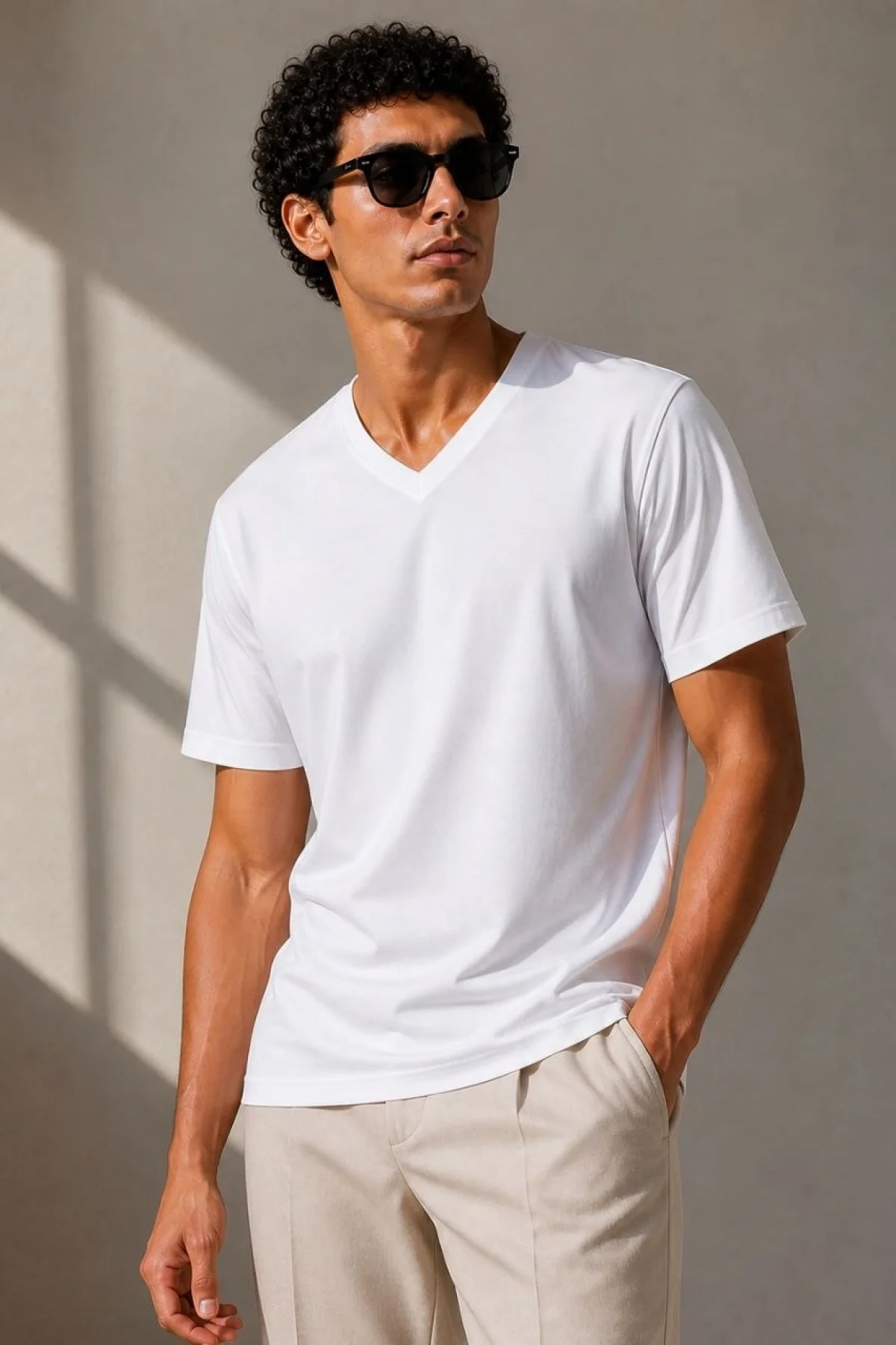 Erkek V Yaka Basic Tişört Kısa Kol Yazlık Regular Fit T-Shirt - Beyaz
