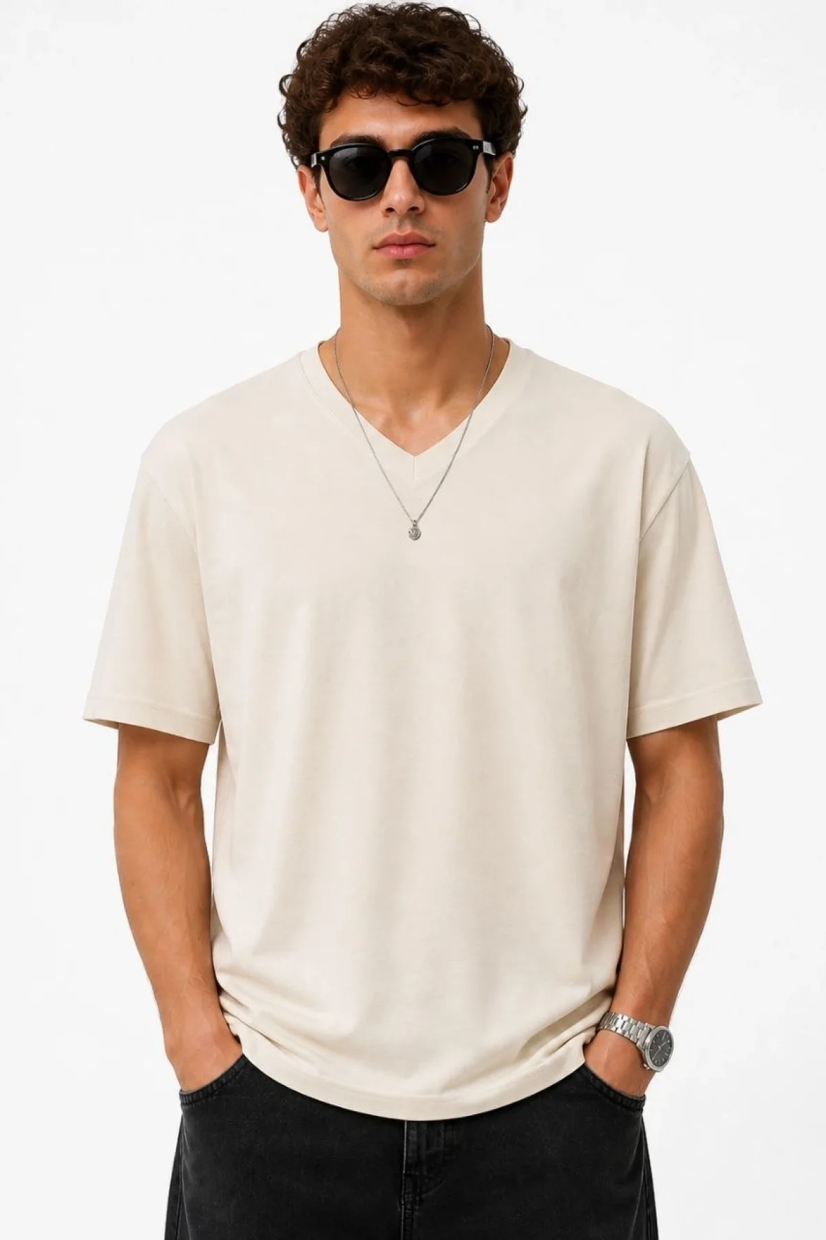 Erkek V Yaka Basic Tişört Kısa Kol Yazlık Regular Fit T-Shirt - Bej