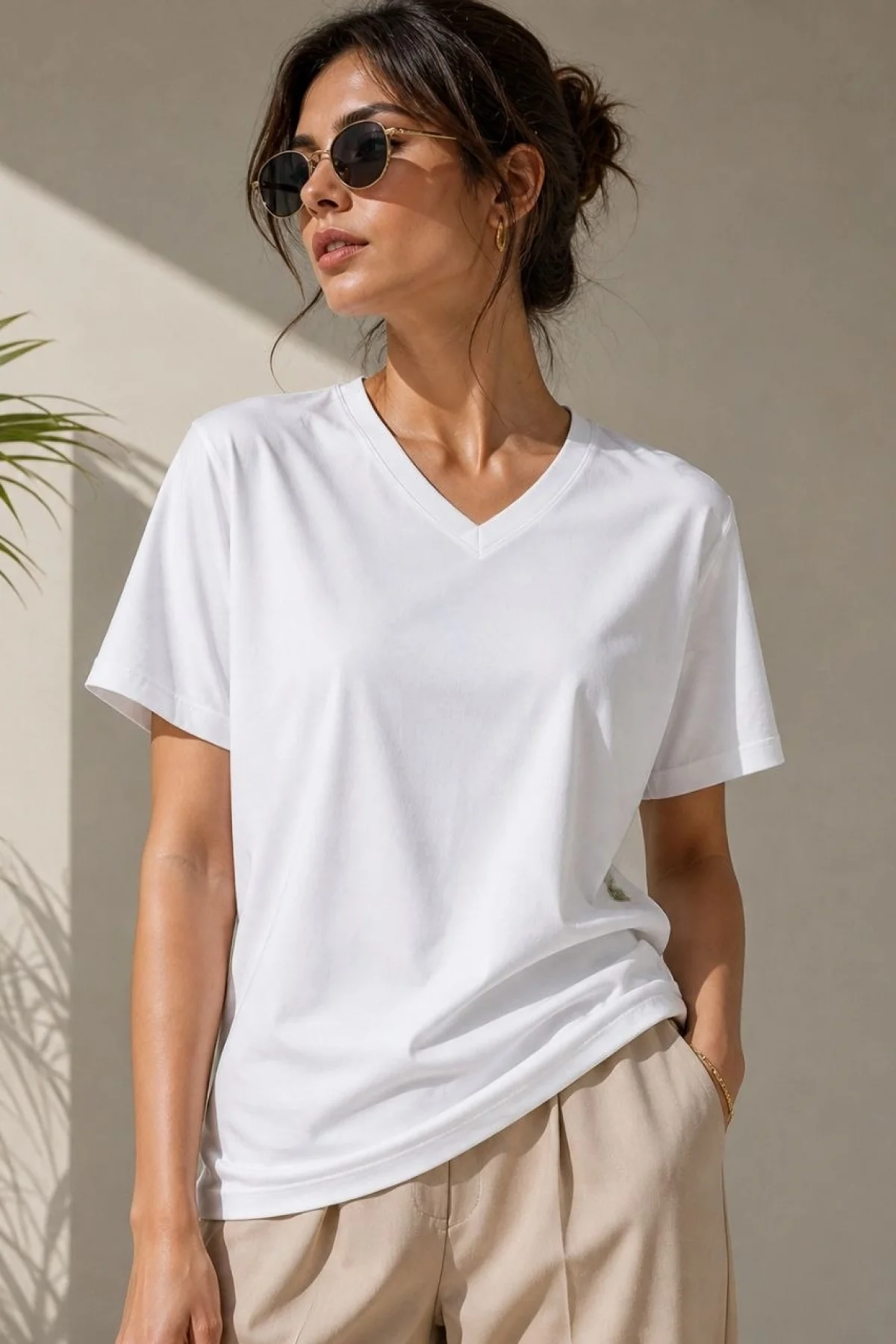 Kadın V Yaka Basic Tişört Kısa Kol Yazlık Regular Fit T-Shirt - Beyaz