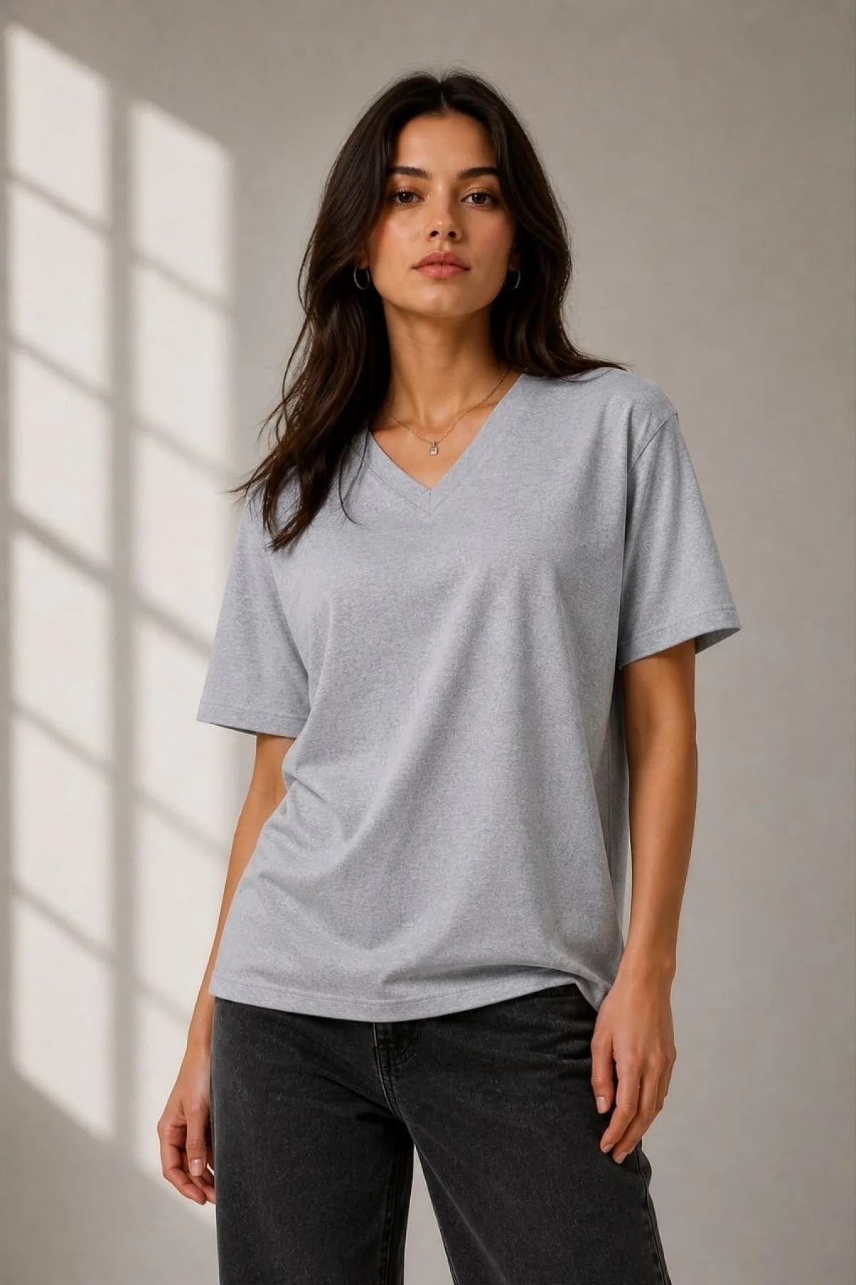 Kadın V Yaka Basic Tişört Kısa Kol Yazlık Regular Fit T-Shirt - Gri