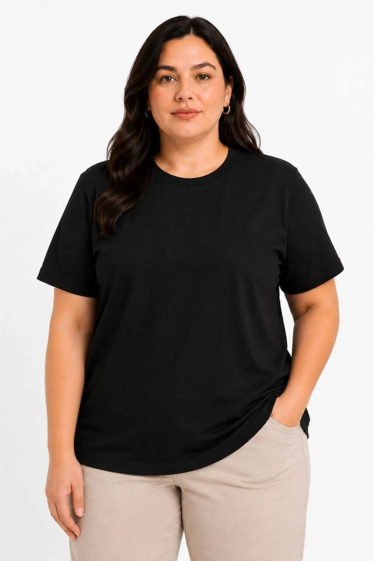 Kadın Battal Big Size Basic Tişört Bisiklet Yaka Rahat Kalıp T-Shirt - Siyah